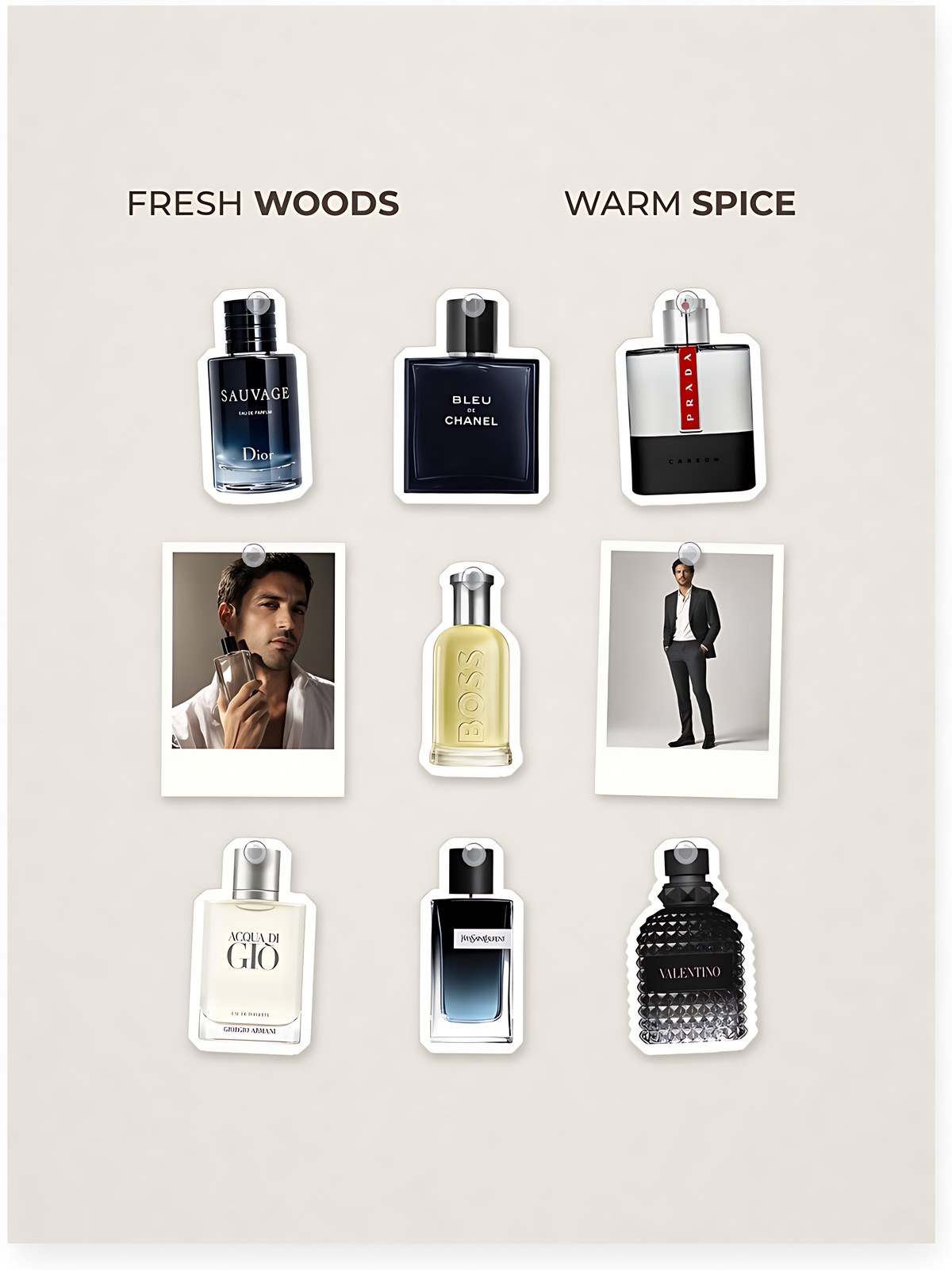 Cut-out product collage with two campaign-style photos: Hugo Boss BOSS Bottled Eau de Toilette; Dior Sauvage Eau de Parfum; Chanel BLEU DE CHANEL Eau de Toilette; Prada Luna Rossa Carbon Eau de Toilette with Bergamot & Lavender; Armani Beauty Acqua di Giò Eau de Toilette with Calabrian Bergamot & Cedarwood; Yves Saint Laurent Y Eau de Parfum with Fresh Geranium & Sensual Woods; Valentino Uomo Born in Roma Eau de Toilette with Violet