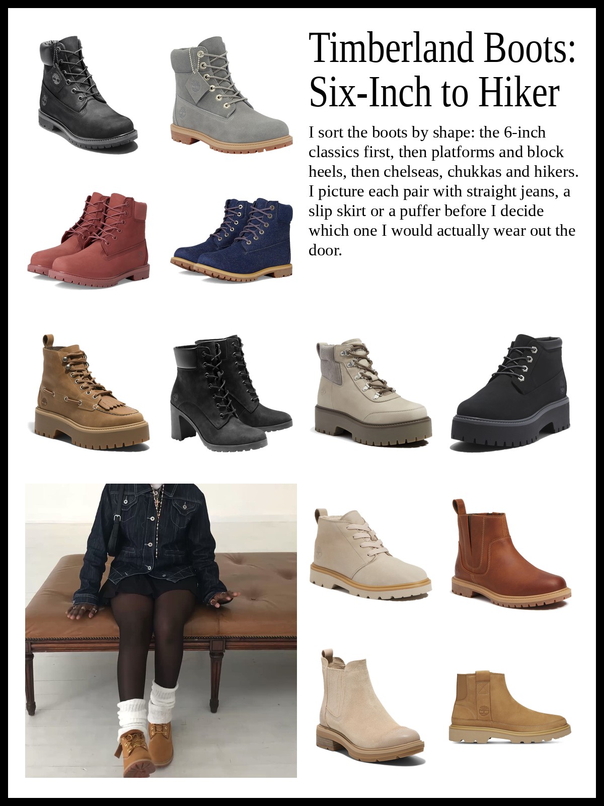 Collage of 6-inch lace-up boots, platform and block heel boots, and chelsea, chukka and hiking boots, and a mood photo of wheat lace-up boots with white socks on a bench