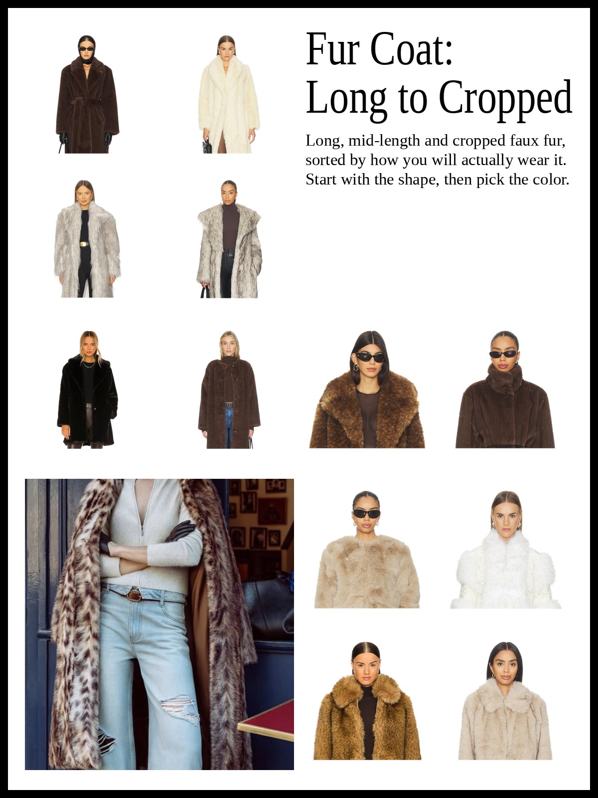 Fur coat collage: twelve long, mid-length and cropped faux fur coats around a leopard-print coat photo