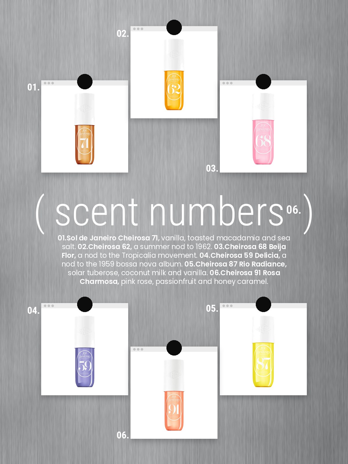 Loved lately cards collage featuring six Sol de Janeiro Cheirosa hair and body perfume mists, including 71, 62, 68, 59, 87, and 91.