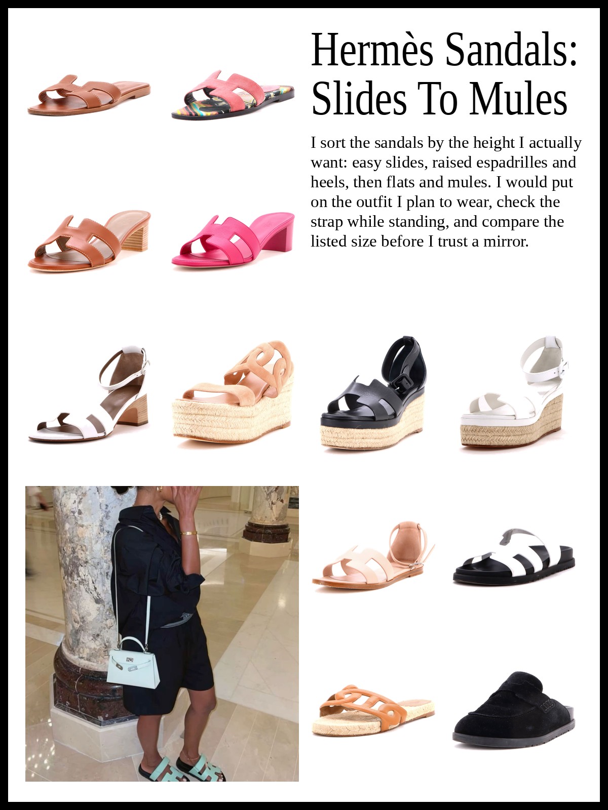 Collage of leather slides, espadrille wedges and heeled sandals, flat sandals, and mules