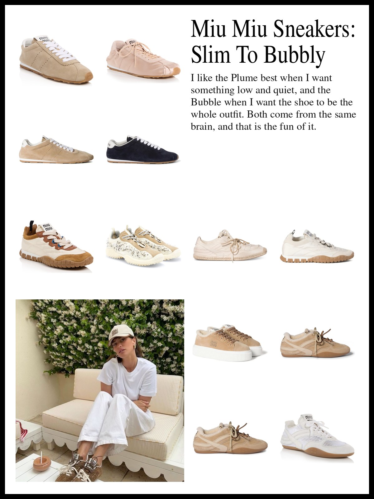 A collage of Miu Miu Plume, Tyre, Bubble, Gymnasium, Allacciate and platform sneakers, and a mood photo of a woman in white on a cream sofa wearing suede sneakers.