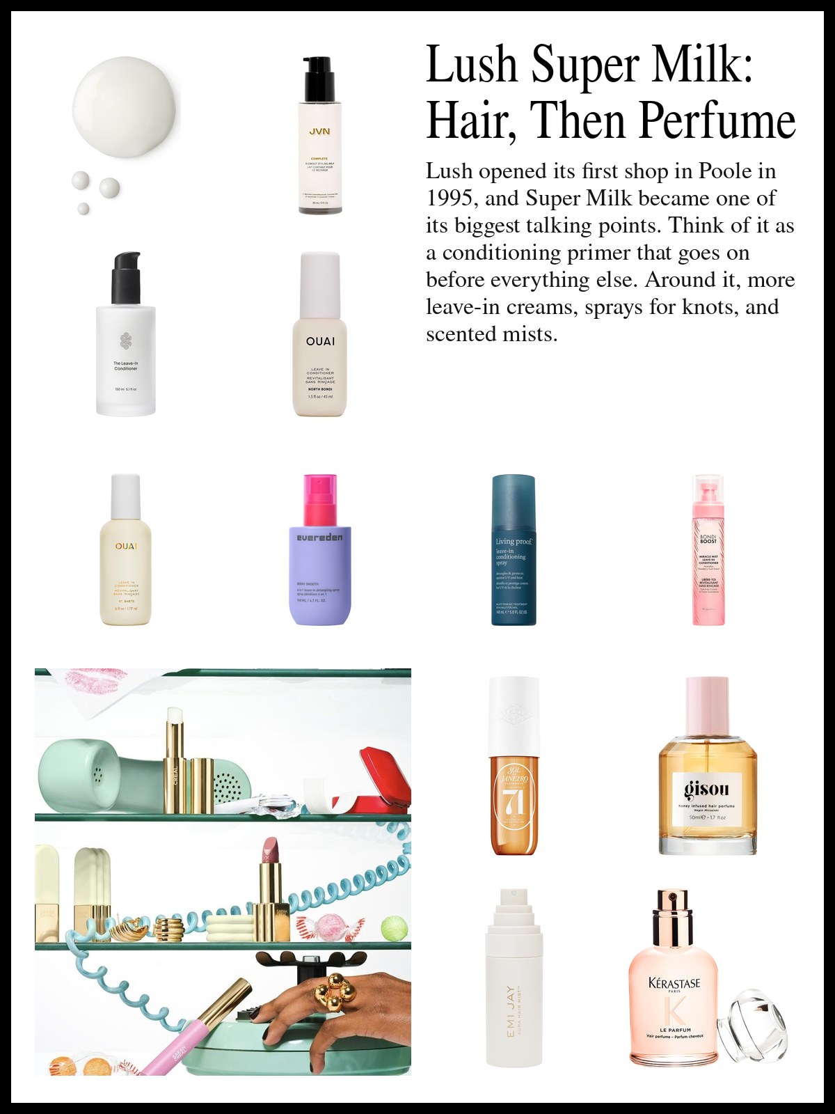 Collage of leave-in creams, detangling sprays and hair perfumes beside a photo of glass shelves holding a mint green retro telephone with a coiled blue cord, gold lipsticks, wrapped candies, gold rings and a kiss print on tissue.