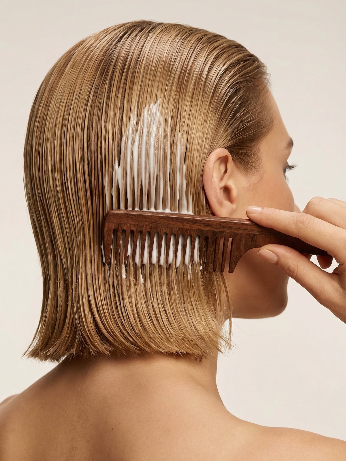 Side view of a woman with a wet blonde bob having conditioner combed through with a dark wooden wide-tooth comb