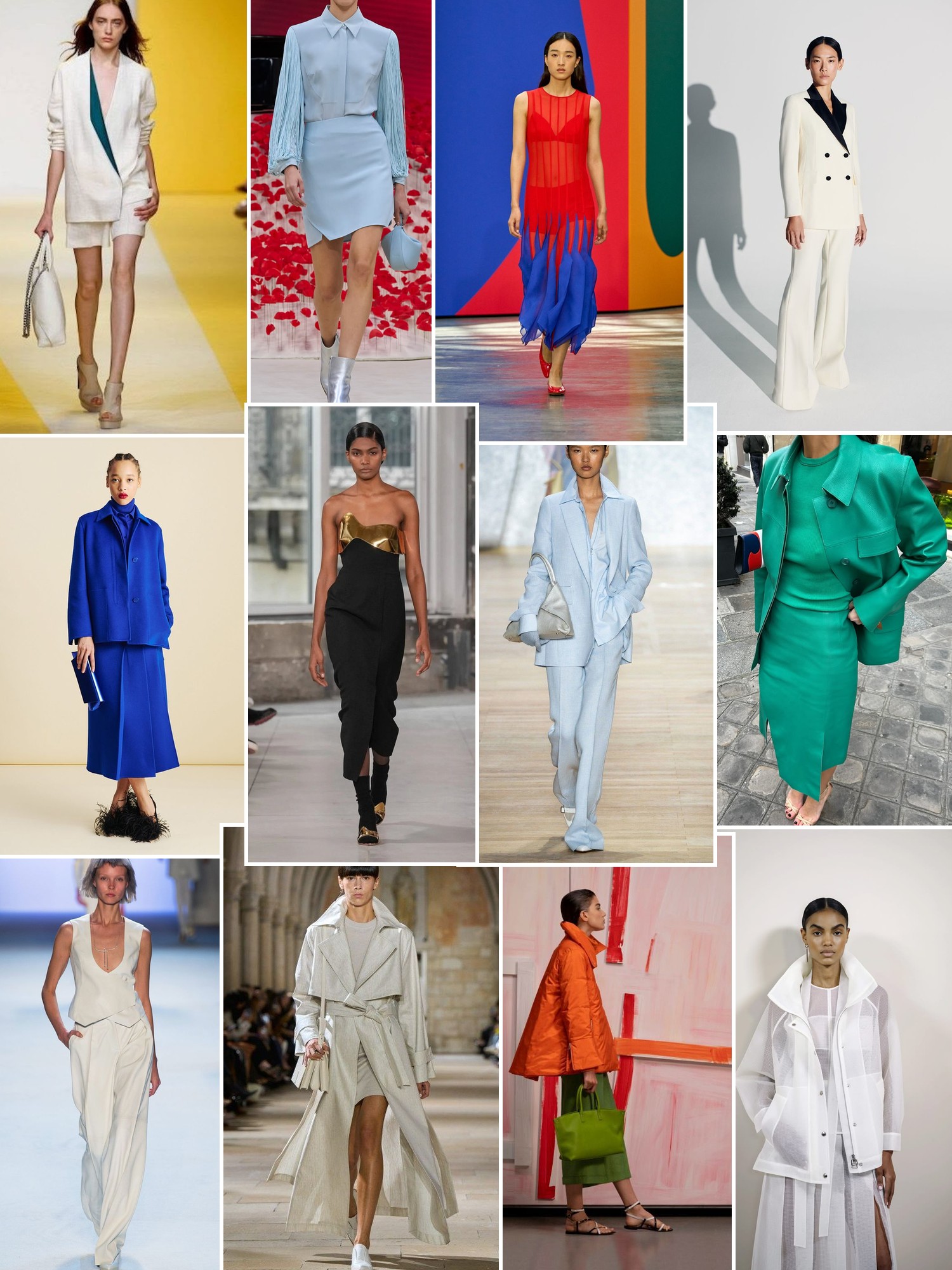 A collage of refined tailoring, runway suiting, and vivid coat looks in city and studio settings.
