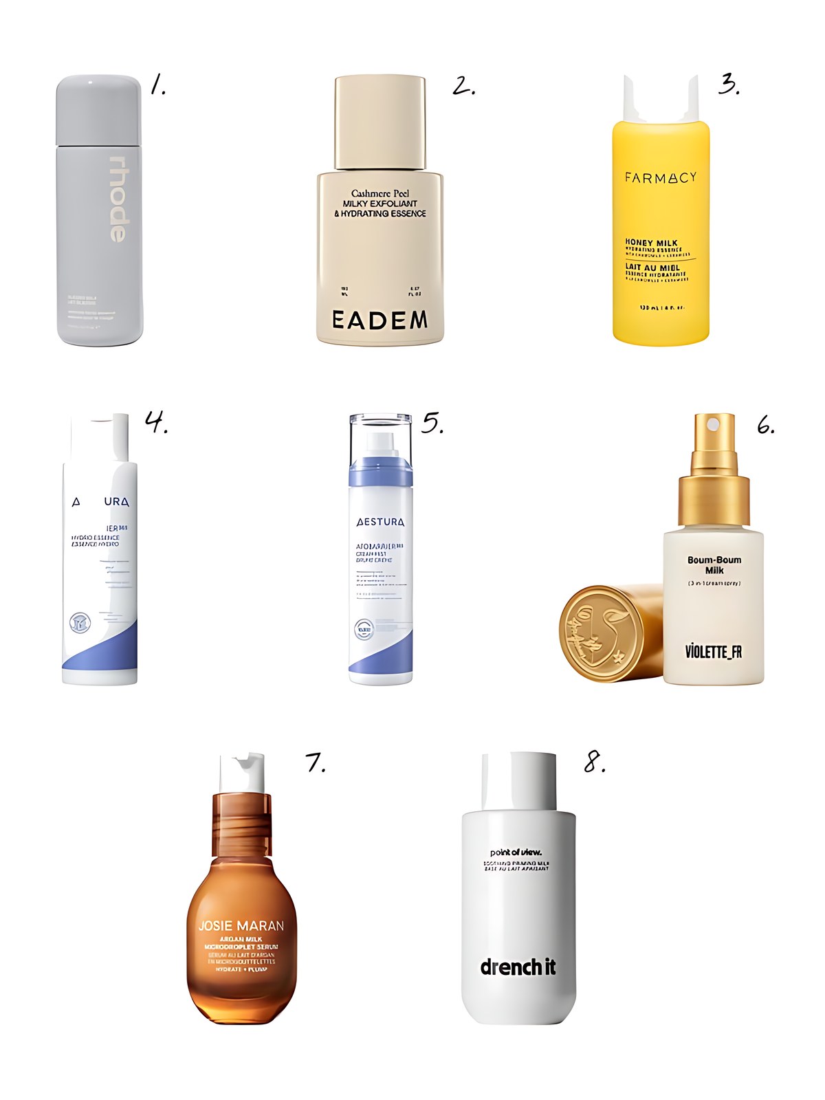 Numbered collage: 1. rhode Glazing Milk Hydrating Ceramide Facial Essence; 2. EADEM Cashmere Peel Milky Exfoliant & Hydrating Essence — Daily AHA + PHA Formula with 9% Azelaic, Lactic & Tranexamic Acids; 3. Farmacy Honey Milk Hydrating Essence with Chamomile + Ceramides; 4. AESTURA ATOBARRIER365 Milky Hydro Essence with Hydrating Ceramides for Skin Moisture Barrier Repair; 5. AESTURA ATOBARRIER365 Hydrating Milky Cream Mist; 6. VIOLETTE_FR BOUM-BOUM MILK Rebalancing 3-in-1 Barrier Spray with Squalane; 7. JOSIE MARAN Argan Milk Microdroplet Hydrating Firming Serum; 8. point of view. drench it soothing priming milk with rice water