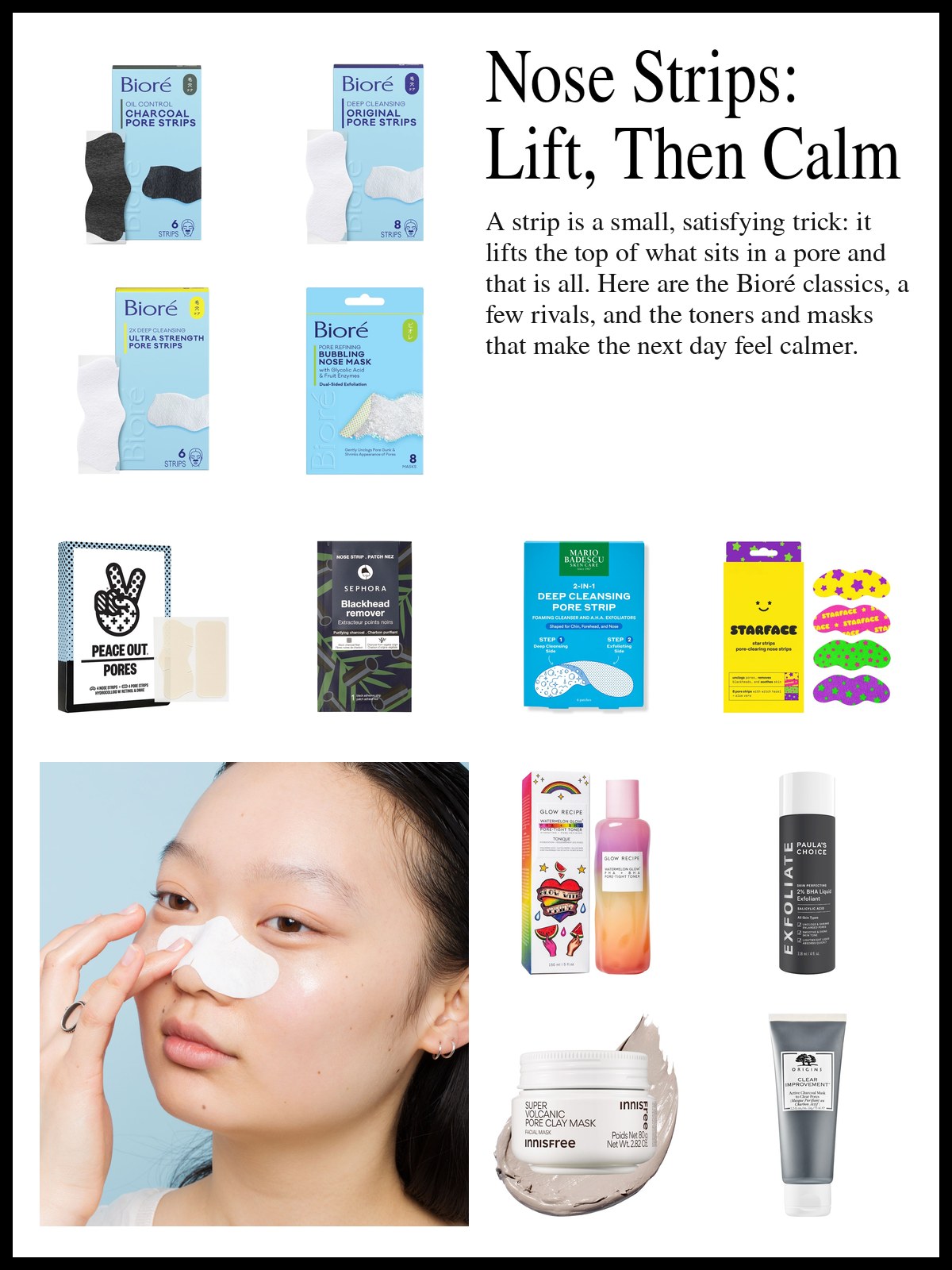 Collage of nose strips, BHA toners and clay masks, and a mood photo of a woman pressing a strip onto her nose.