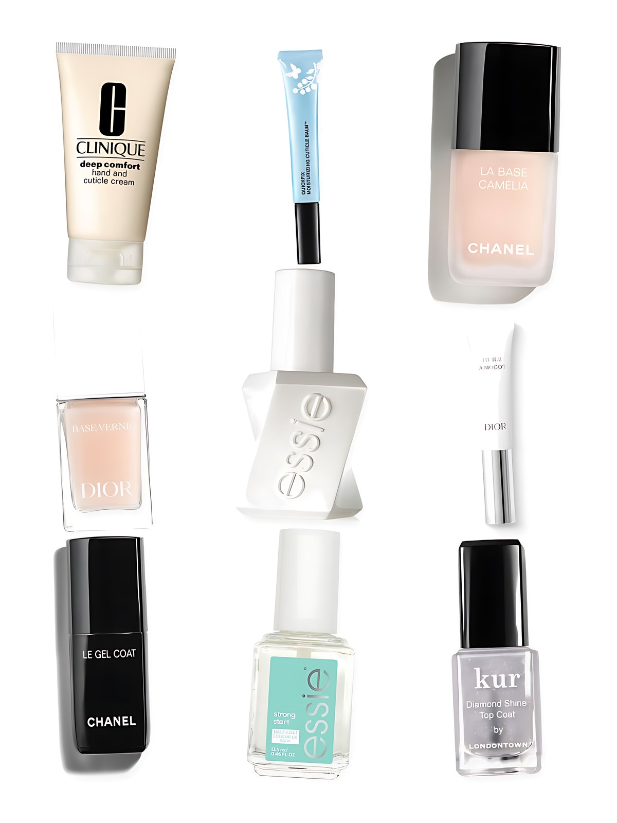Collage on a white background showing Chanel LE GEL COAT Longwear Top Coat, Chanel LA BASE CAMÉLIA Fortifying Base Coat, Dior Huile Abricot Nail & Cuticle Serum, Essie Gel Couture Top Coat, Dior Base Vernis Protective Nail Care Base, butter LONDON QuickFix Moisturizing Cuticle Balm, Londontown Kur Diamond Shine Nail Top Coat, Essie Strong Start Base Coat and Clinique Deep Comfort Hand and Cuticle Cream with Hyaluronic Acid.