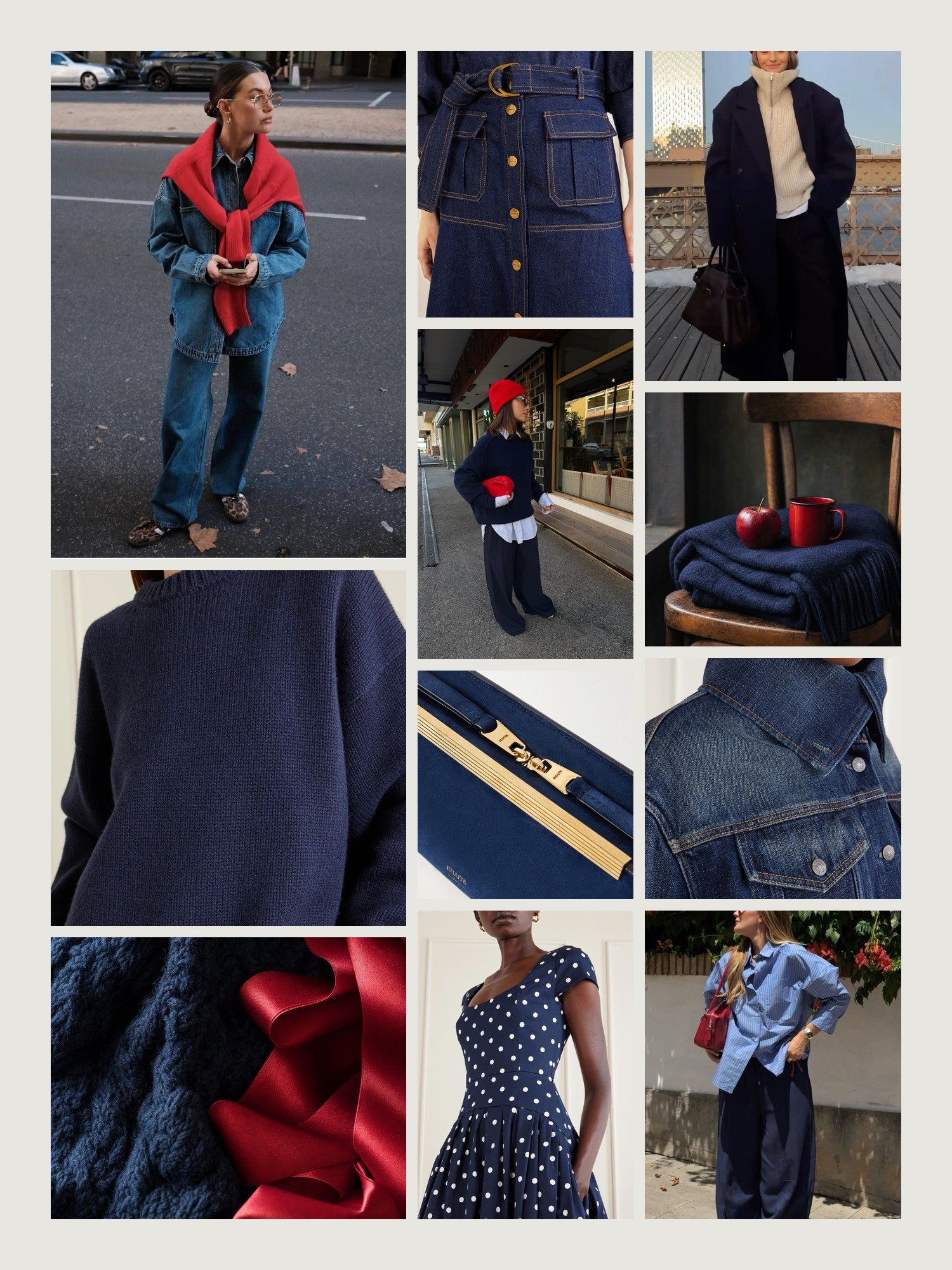 Mood board for navy and red outfits: four street-style photos of women wearing navy and red, close-ups of The Row cashmere-blend sweater, the Zimmermann midi skirt, the Khaite suede clutch, the Carolina Herrera midi dress and the Acne Studios denim jacket from this edit, and two still lifes in both colors