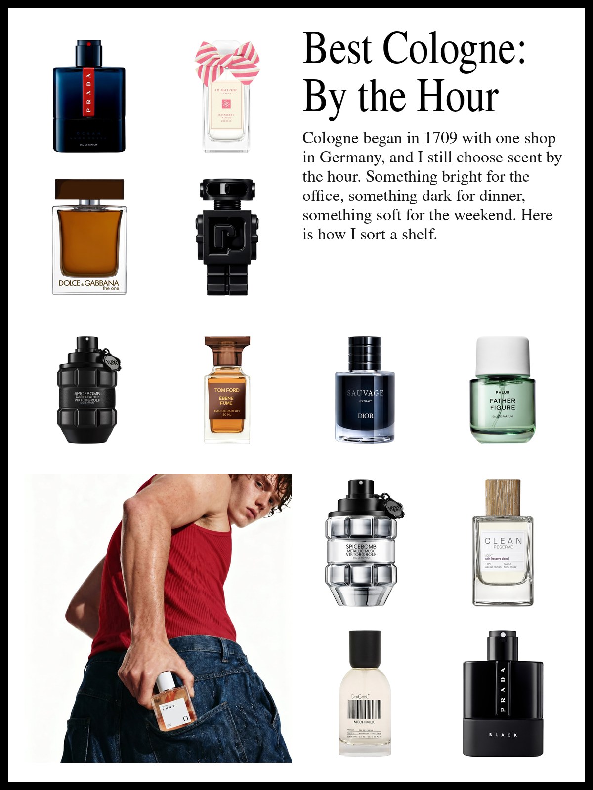 Collage of men's fragrance bottles in bright, evening and musk styles beside a photo of a backlit glass medicine cabinet, with bottle silhouettes on the top shelf and grooming products below.