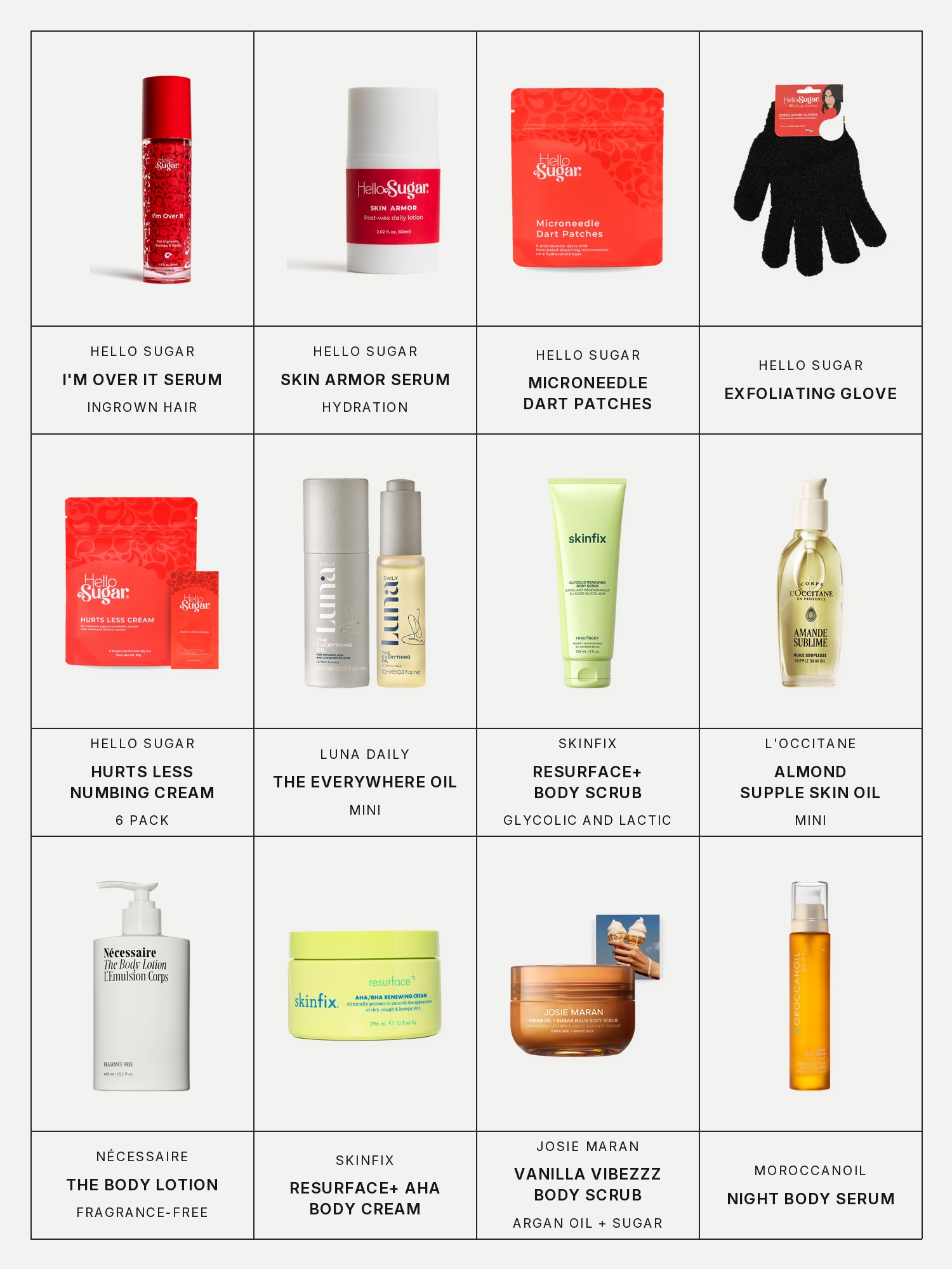 Twelve boxes on a pale grey page, one for each product in this edit, each with its brand and name printed below: Hello Sugar I'm Over It Ingrown Hair Serum, Hello Sugar Skin Armor Hydration Serum, Hello Sugar Microneedle Dart Patches, Hello Sugar Exfoliating Glove, Hello Sugar Hurts Less Numbing Cream, 6 Pack, Luna Daily The Mini Everywhere Oil for Ingrowns, Redness + Bumps, Skinfix Resurface+ Glycolic and Lactic Acid Renewing Body Scrub, L'Occitane Mini Soothing and Firming Almond Supple Skin Body Oil, Nécessaire The Body Lotion, Fragrance-Free, with Peptides + Niacinamide, Skinfix Resurface+ AHA Renewing Body Cream, Josie Maran Vanilla Vibezzz Argan Oil + Sugar Balm Exfoliating Body Scrub and Moroccanoil Night Body Serum.