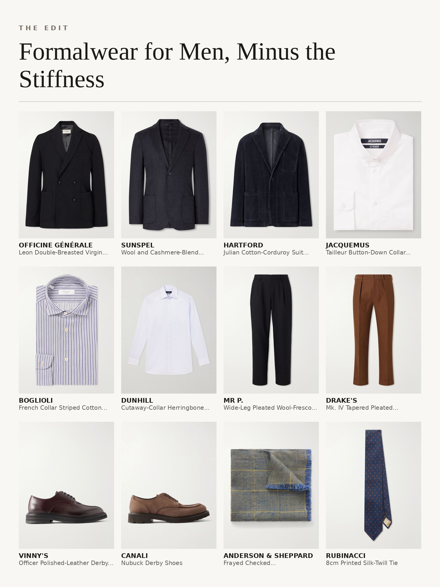 Collage of relaxed formalwear for men: velvet and corduroy suit jackets, cutaway-collar shirts, pleated trousers, derby shoes and silk ties
