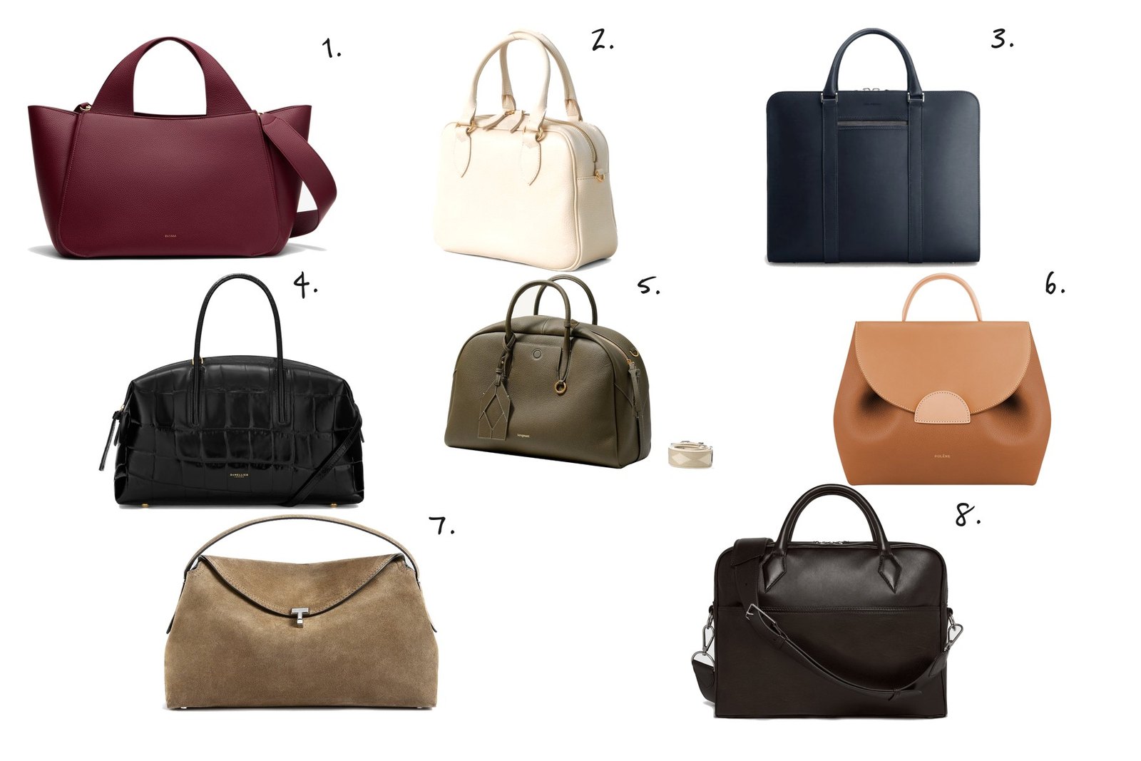 Numbered collage: 1. Cuyana Mila Satchel; 2. Hyer Goods La Corsa Bowling Bag; 3. Carl Friedrik Palissy Double Briefcase; 4. DeMellier The Midi Stockholm; 5. Songmont Large Yore Bowling Bag; 6. Polène Numéro Un in Camel; 7. Toteme T-Lock Suede Top Handle in Tobacco; 8. Métier Closer Slim Briefcase in Cacao