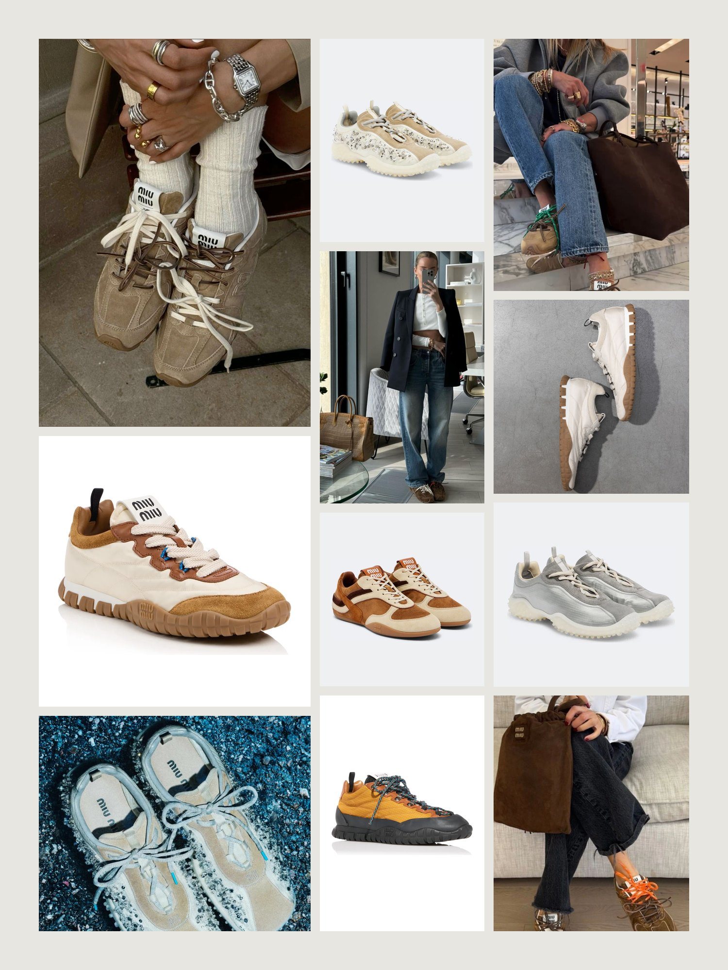 Vibe collage for Miu Miu Tyre, Bubble and Gymnasium sneakers: chunky soles with jeans and trousers, and sneakers from the grid below