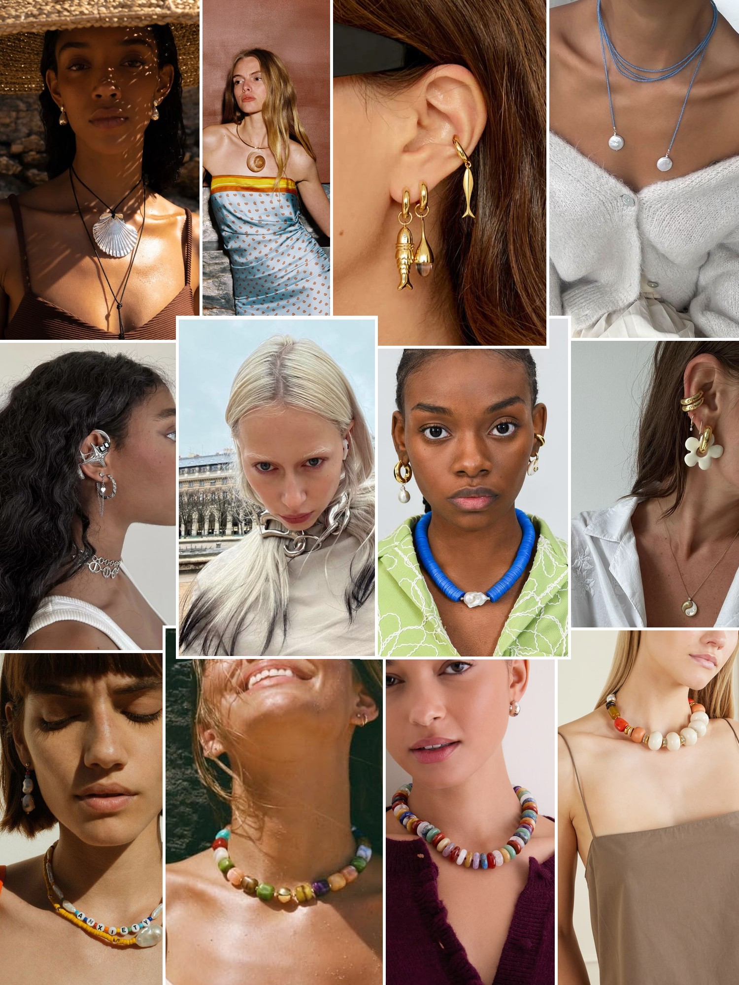 Collage of rings, earrings and layered necklaces worn up close, in the spirit of eliou