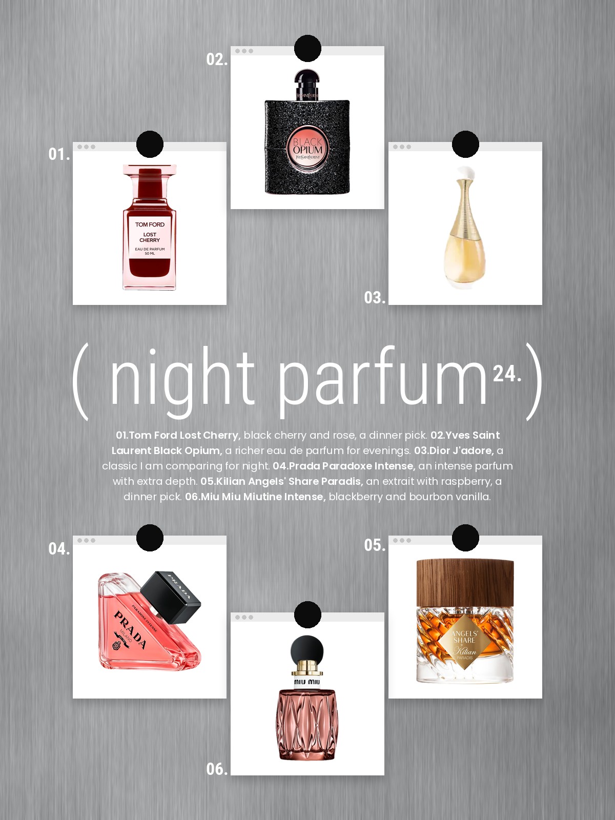 Night Parfum collage with picks from DIOR, Yves Saint Laurent, BURBERRY and Glossier
