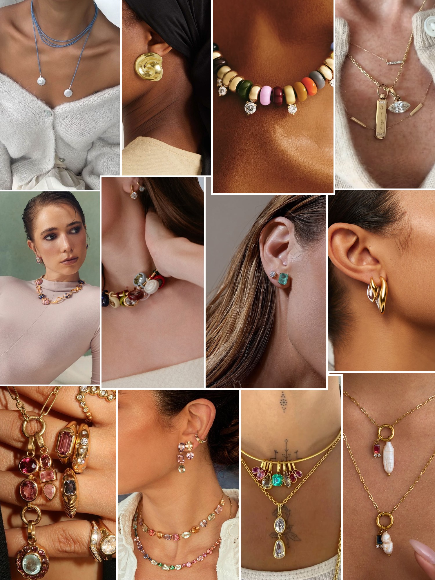 Collage of rings, earrings and layered necklaces worn up close, in the spirit of YSSO