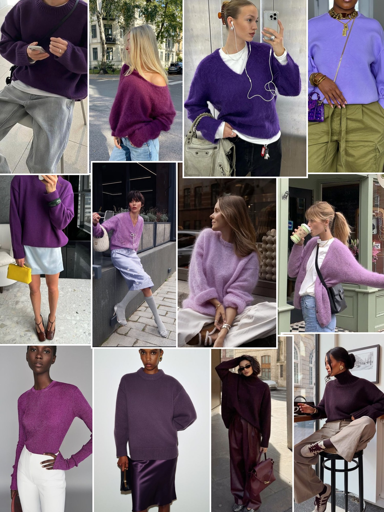 Collage of everyday outfits built around purple sweater