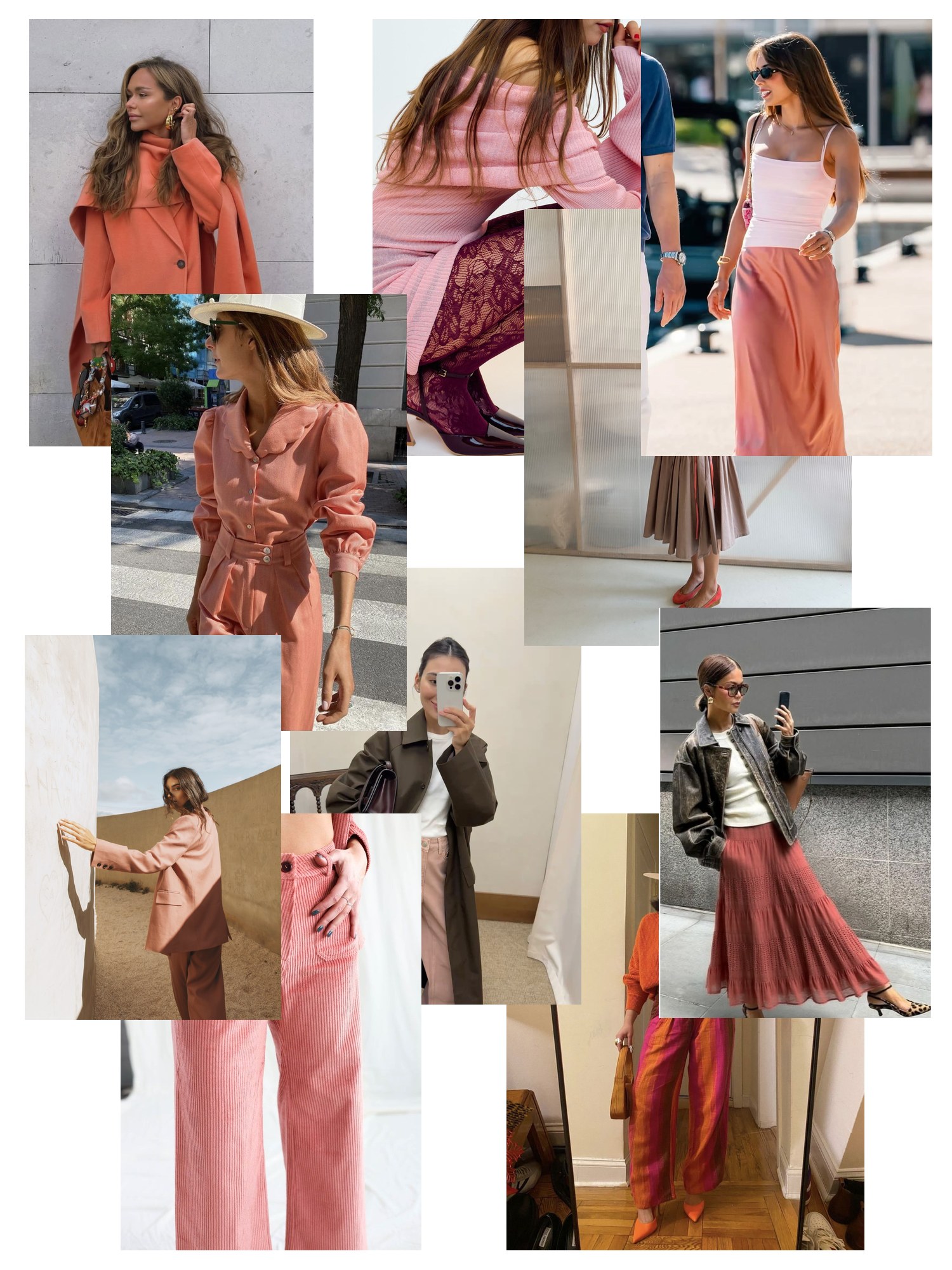 Collage of ten street-style photos of women wearing rust and pink outfits, scattered and overlapping on white