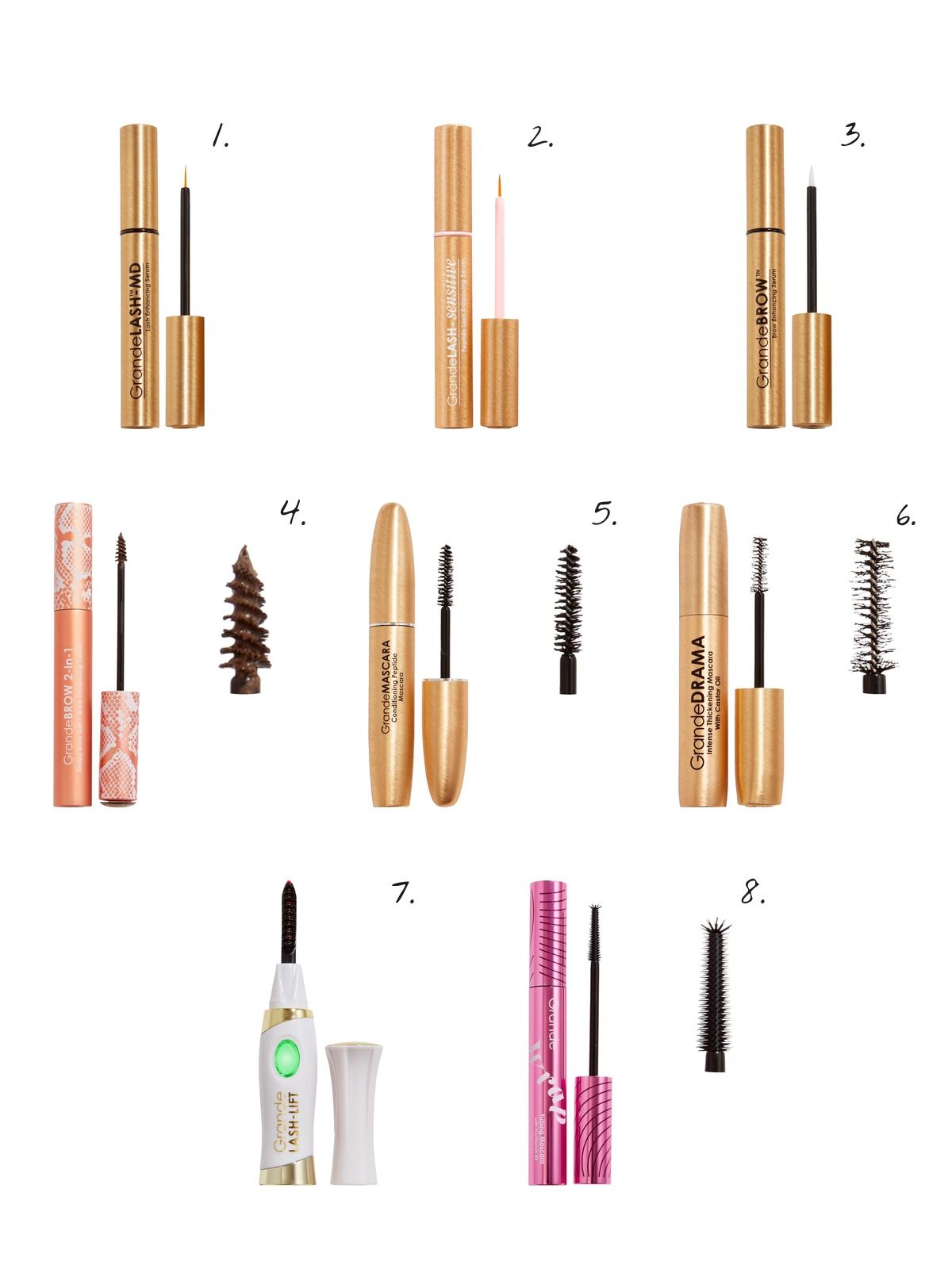 Numbered collage: 1. Grande Cosmetics GrandeLASH - MD Lash Enhancing Serum; 2. Grande Cosmetics GrandeLASH Peptide+ Lash Enhancing Serum for Thicker, Longer Looking Lashes; 3. Grande Cosmetics GrandeBROW Brow Enhancing Serum; 4. Grande Cosmetics GrandeBROW 2-In-1 Tinted Brow Gel + Brow Enhancing Serum; 5. Grande Cosmetics GrandeMASCARA Conditioning Peptide Mascara; 6. Grande Cosmetics GrandeDRAMA Intense Thickening Mascara; 7. Grande Cosmetics GrandeLASH-LIFT Heated Lash Curler; 8. Grande Cosmetics GrandeWRAP Tubing Mascara with ProVitamin B5