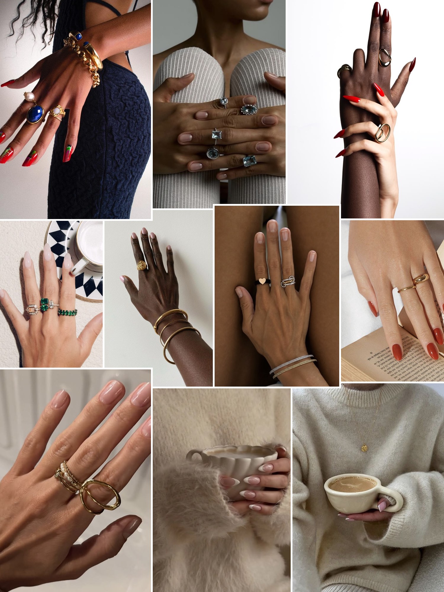 Collage of manicured hands, rings and warm sweaters