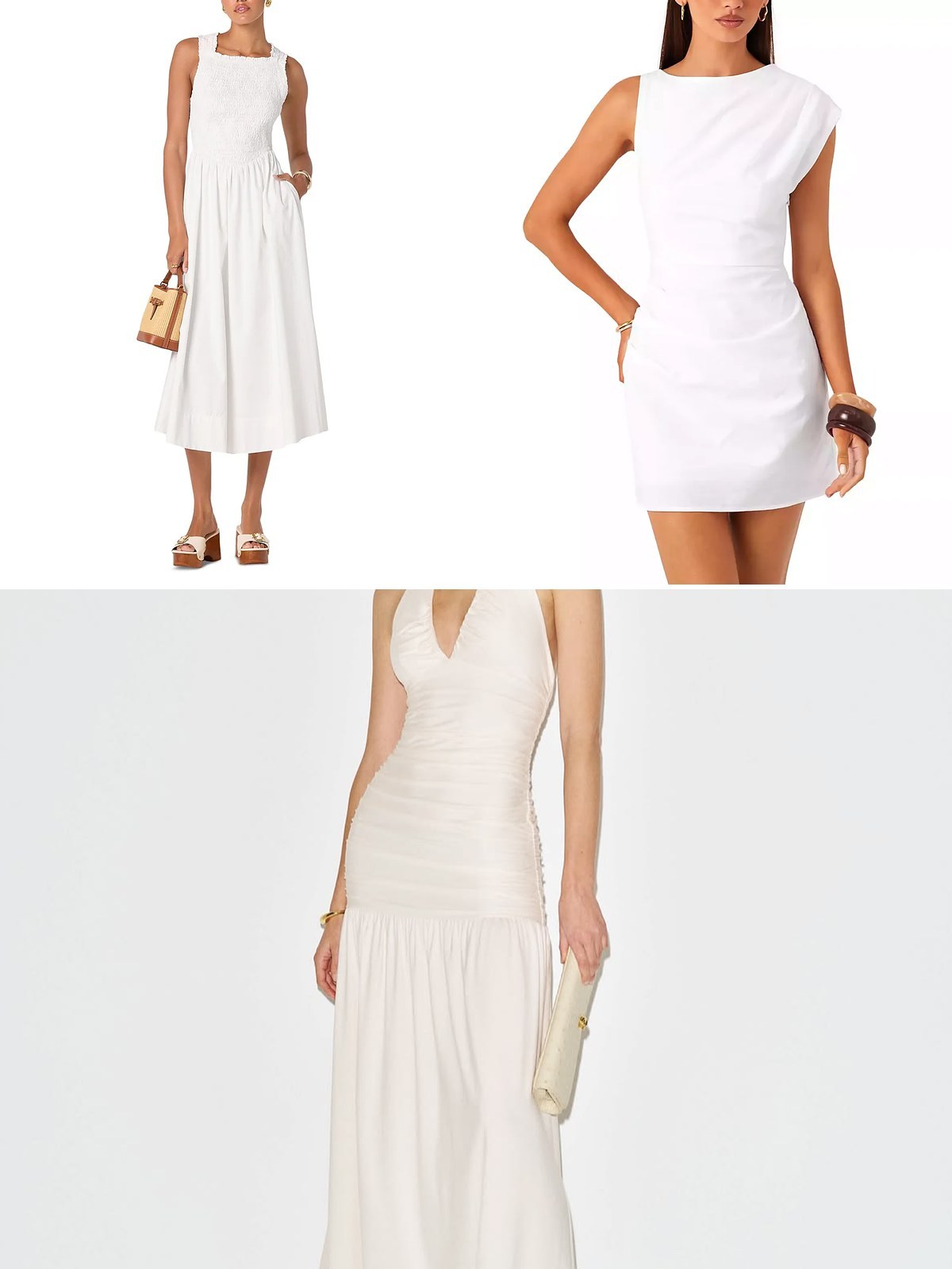 Three white dresses: a midi, a mini and a halter maxi