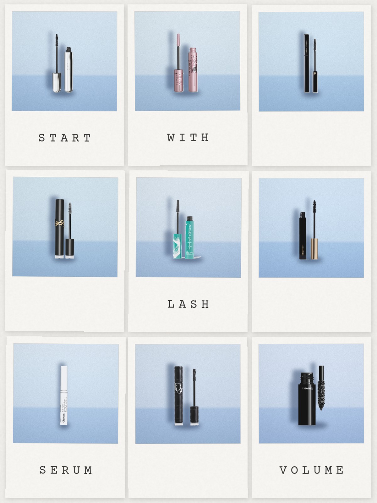 Lash Edit collage with picks from Thrive Causemetics, IT Cosmetics, Lancôme and Maybelline