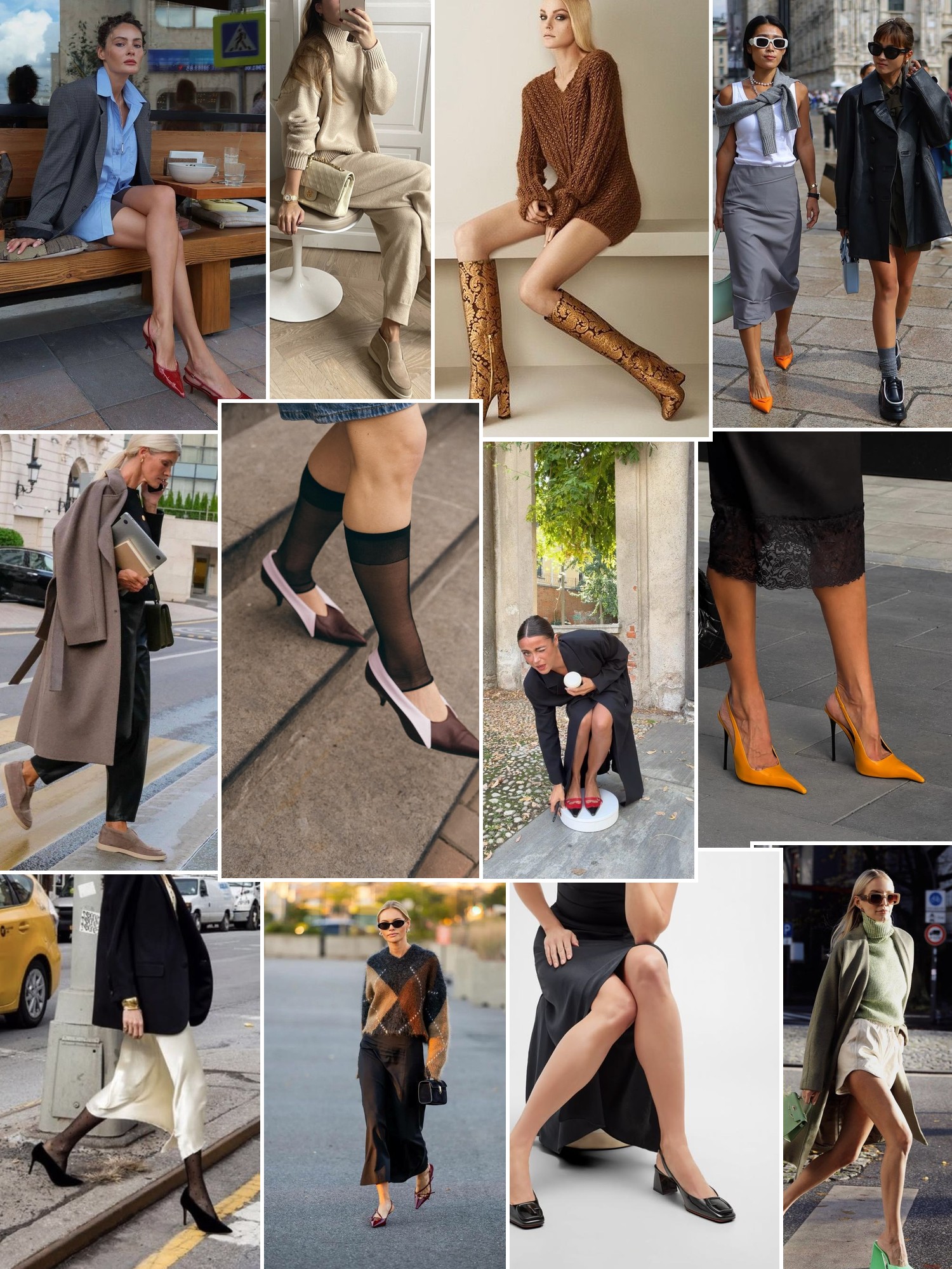 Collage of polished shoes styled with tailored city looks, dresses, denim and streetwear