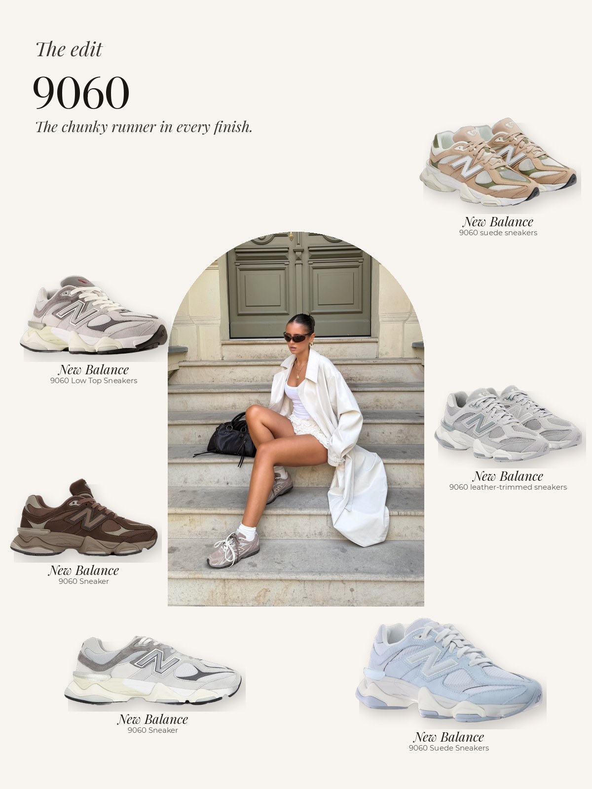 New Balance 9060 sneakers in grey, beige, brown and blue around an editorial photo