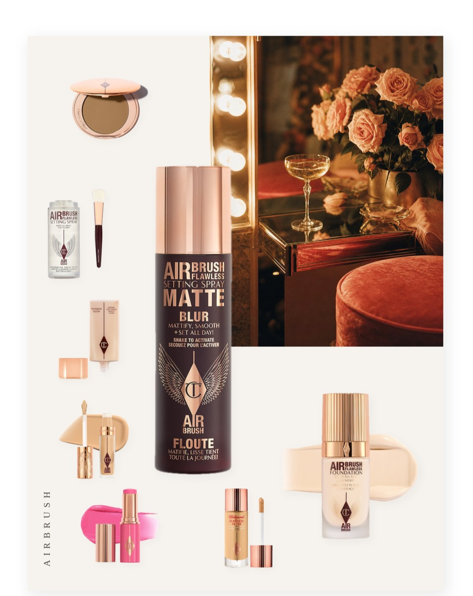 Collage on an off-white page showing the Charlotte Tilbury Airbrush Flawless Setting Spray Matte and the Charlotte Tilbury Airbrush Flawless Foundation, with seven more picks from this edit, beside a still-life photo of a lit vanity mirror with pink roses and a velvet stool.