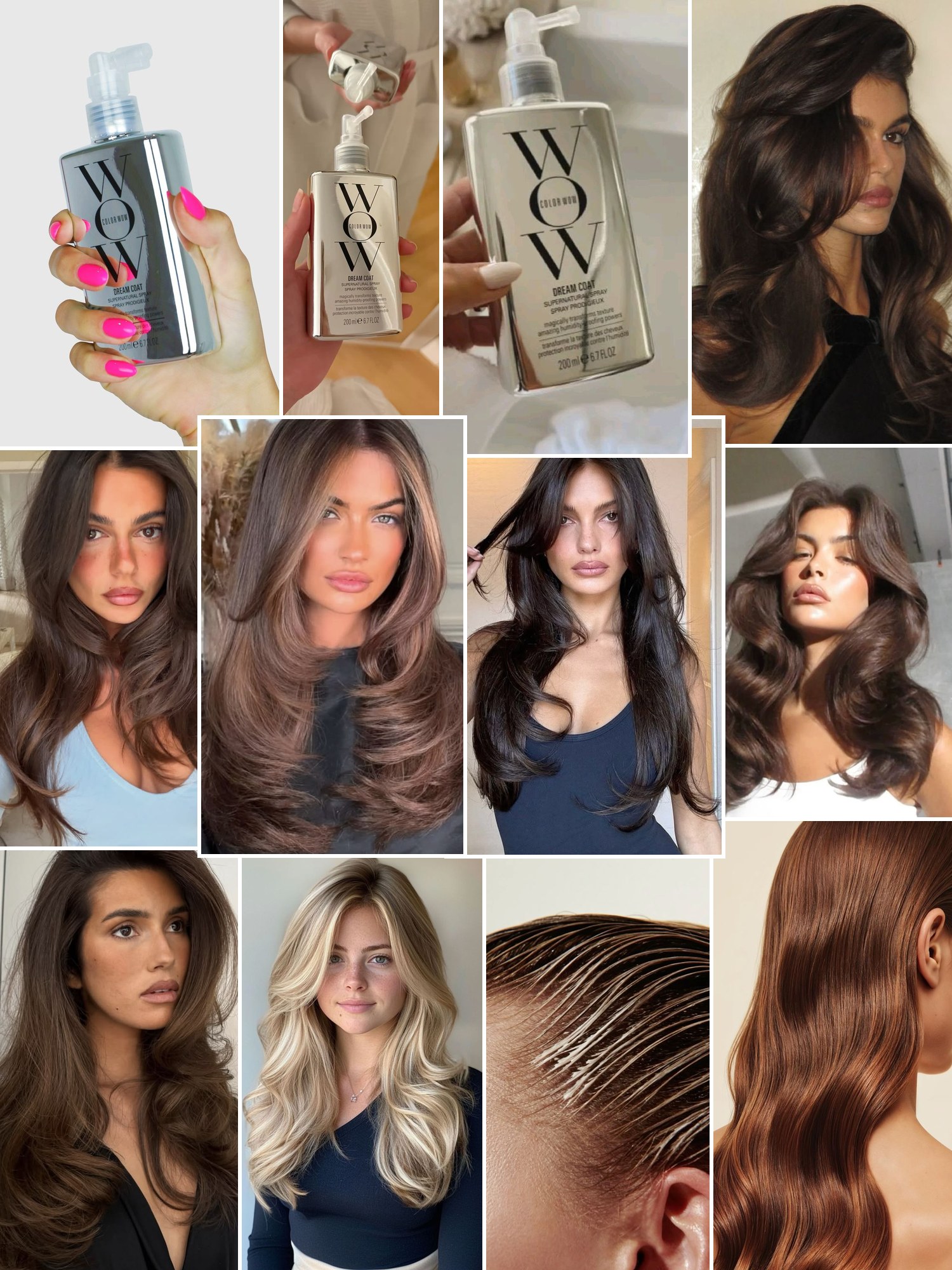 Collage of everyday outfits built around Color Wow hair products
