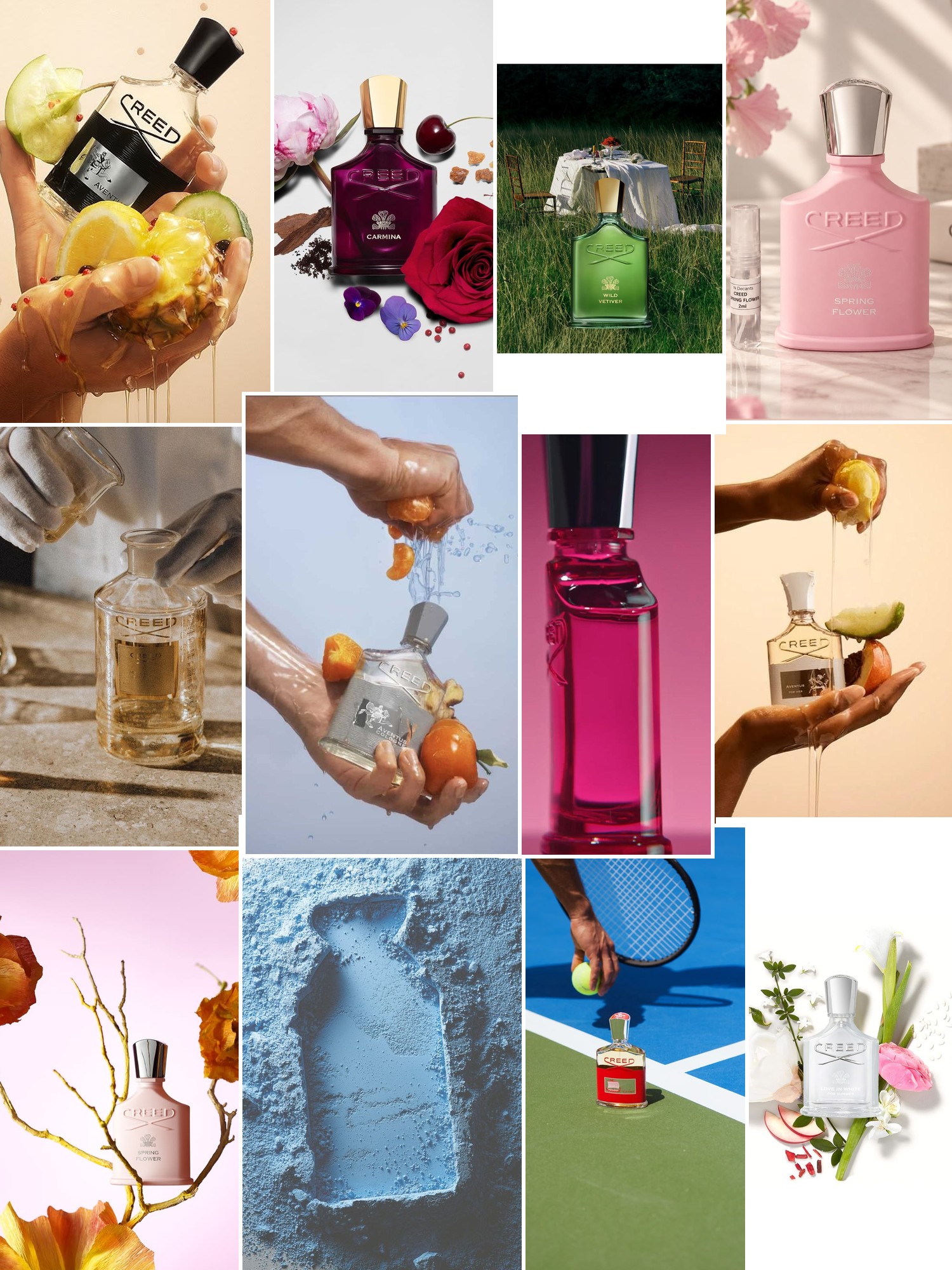 Collage of fragrance bottles with citrus, flowers and outdoor textures.