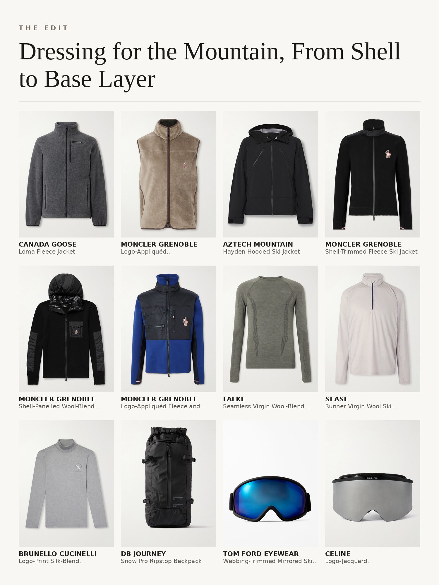 Collage of mountain clothing: Moncler Grenoble and Canada Goose ski jackets, wool base layers, salopettes, goggles, gloves and beanies