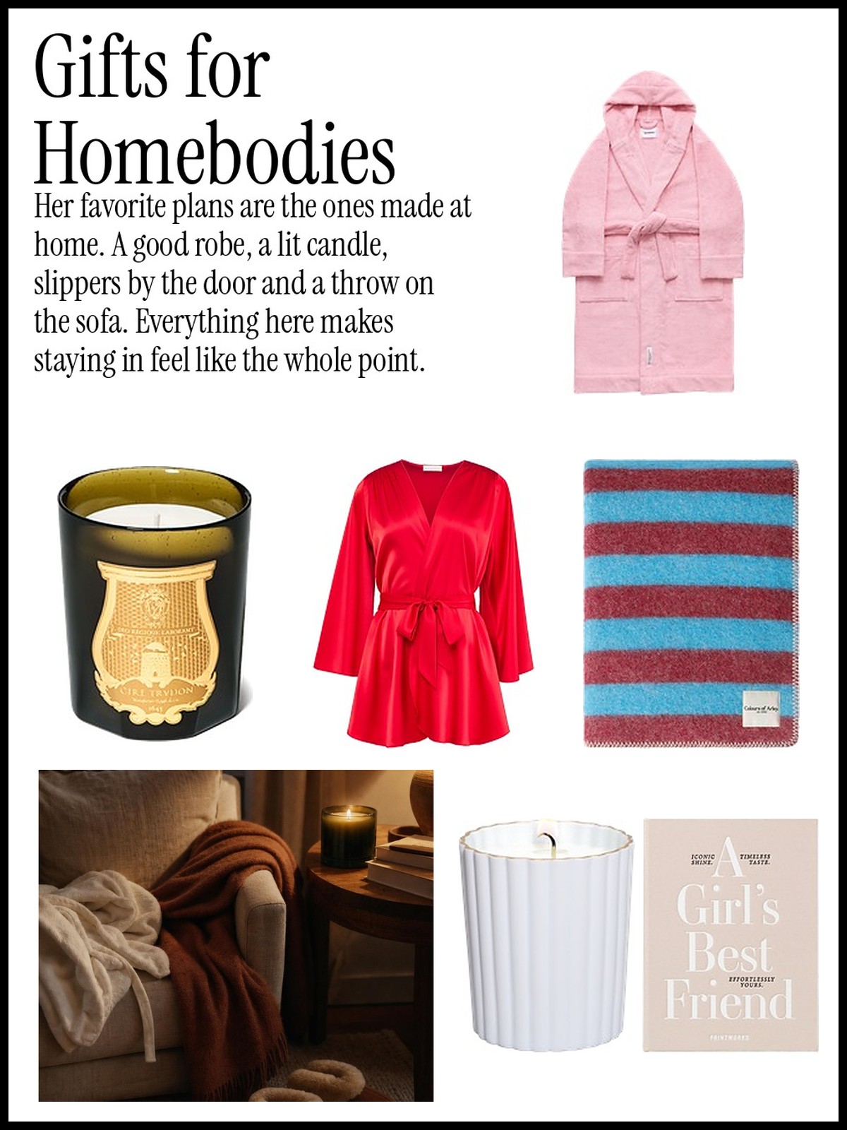 Collage of gifts for homebodies: robes, candles, book-style jewelry boxes, sheepskin slippers and throws