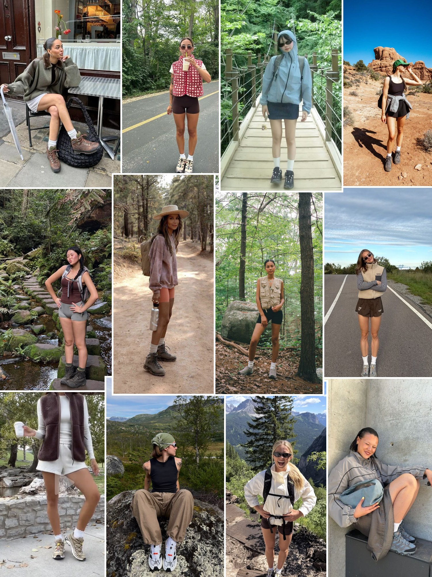 Street style collage of women wearing Merrell shoes