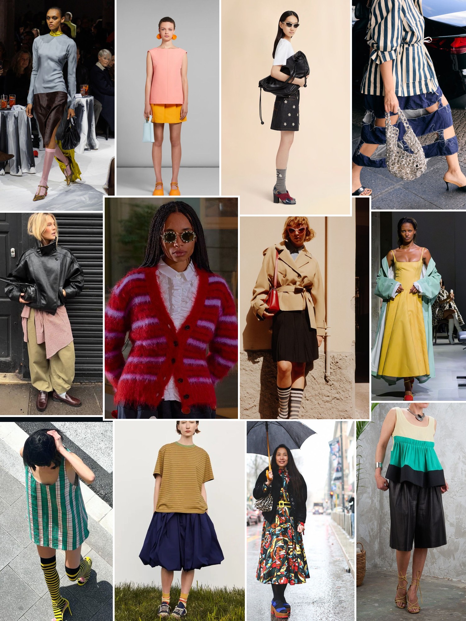Collage of playful fashion looks mixing vivid color, patterned layers, street style and runway silhouettes