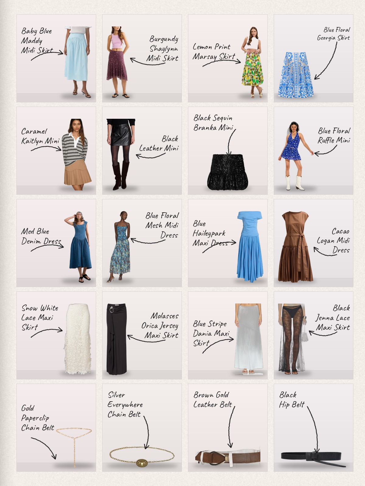 Collage: twenty Drop waist skirt products with handwritten labels