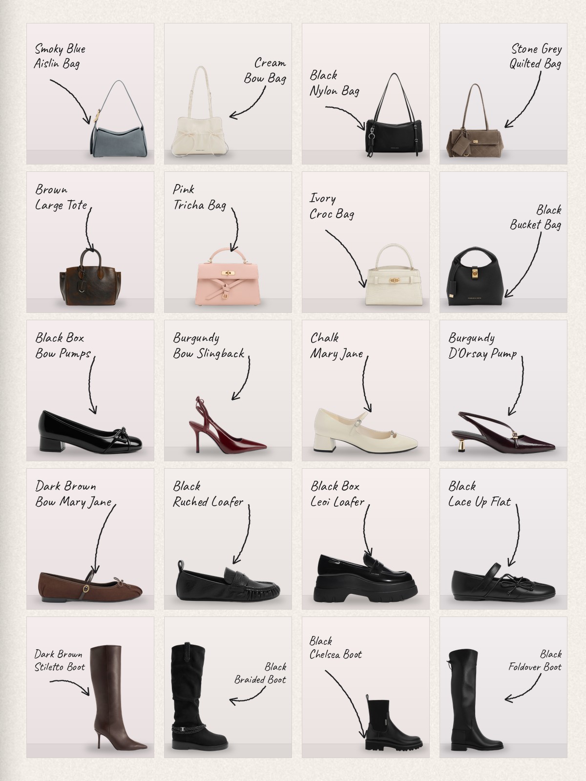 Collage: twenty Charles & Keith products with handwritten labels