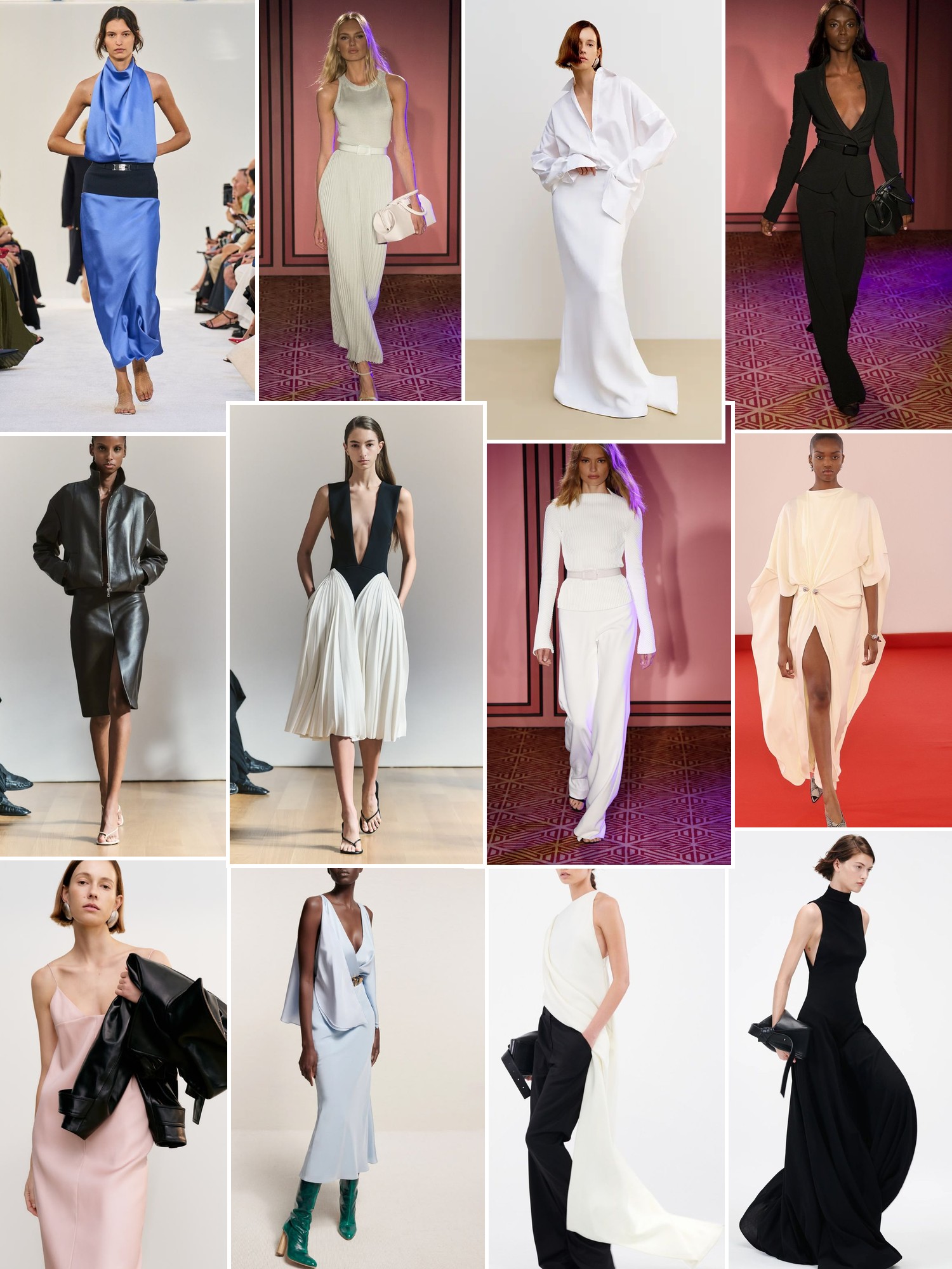 Collage of runway looks, campaign shots and street style outfits that capture the Brandon Maxwell mood