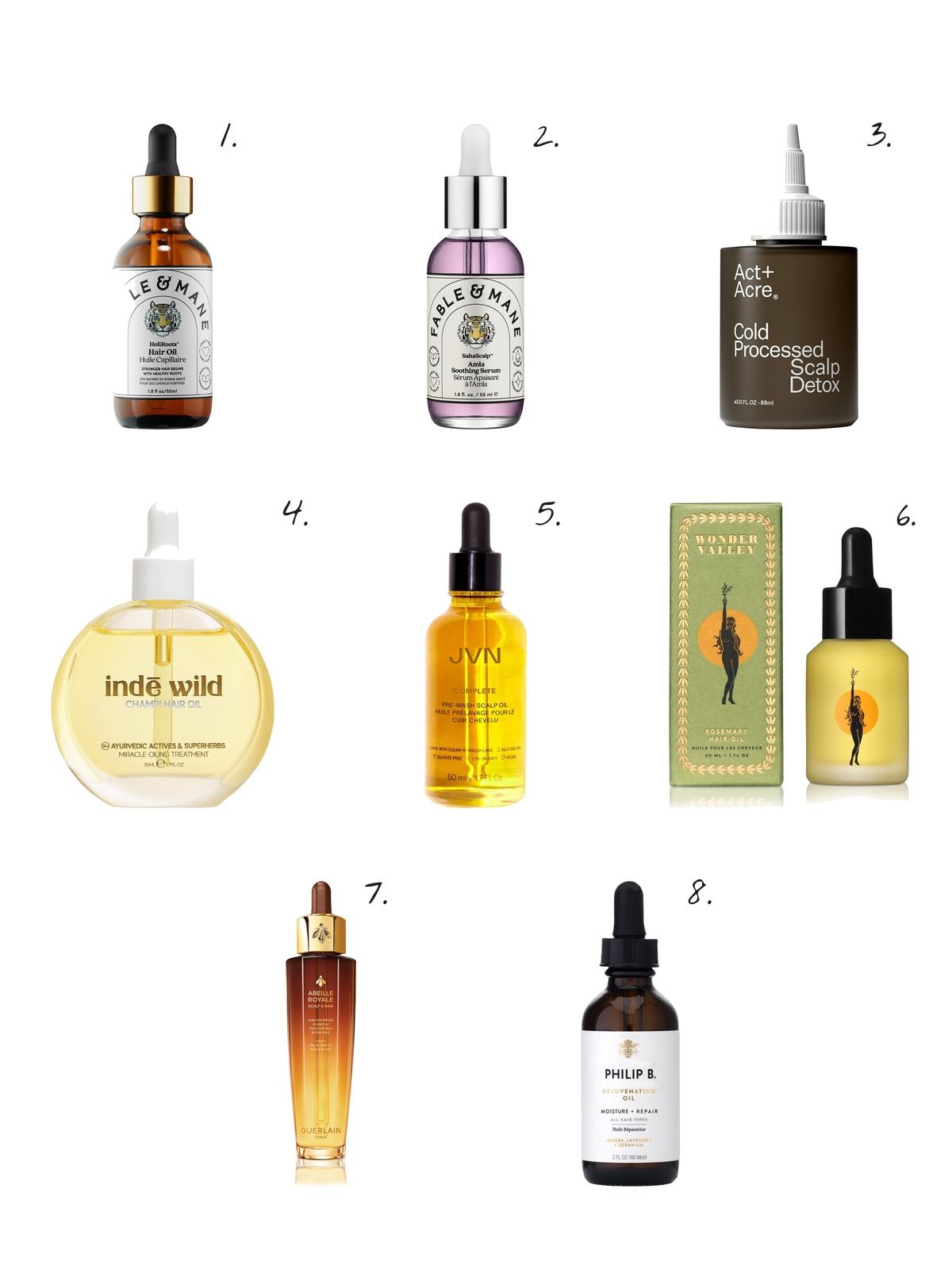 Numbered collage: 1. Fable & Mane HoliRoots Pre-Wash Scalp & Hair Treatment Oil; 2. Fable & Mane SahaScalp Amla Soothing Serum; 3. Act+Acre Cold Processed Scalp Detox Oil For Dry Scalp; 4. indē wild Champi Hair & Scalp Pre-Wash Oil for Thinning Hair; 5. JVN Complete Pre-Wash Scalp & Hair Strengthening Treatment Oil; 6. Wonder Valley Rosemary Hair Oil 1 oz.; 7. Guerlain Abeille Royale Scalp & Hair Oil in Serum 1.7 oz.; 8. Philip B. Oil 2 oz.