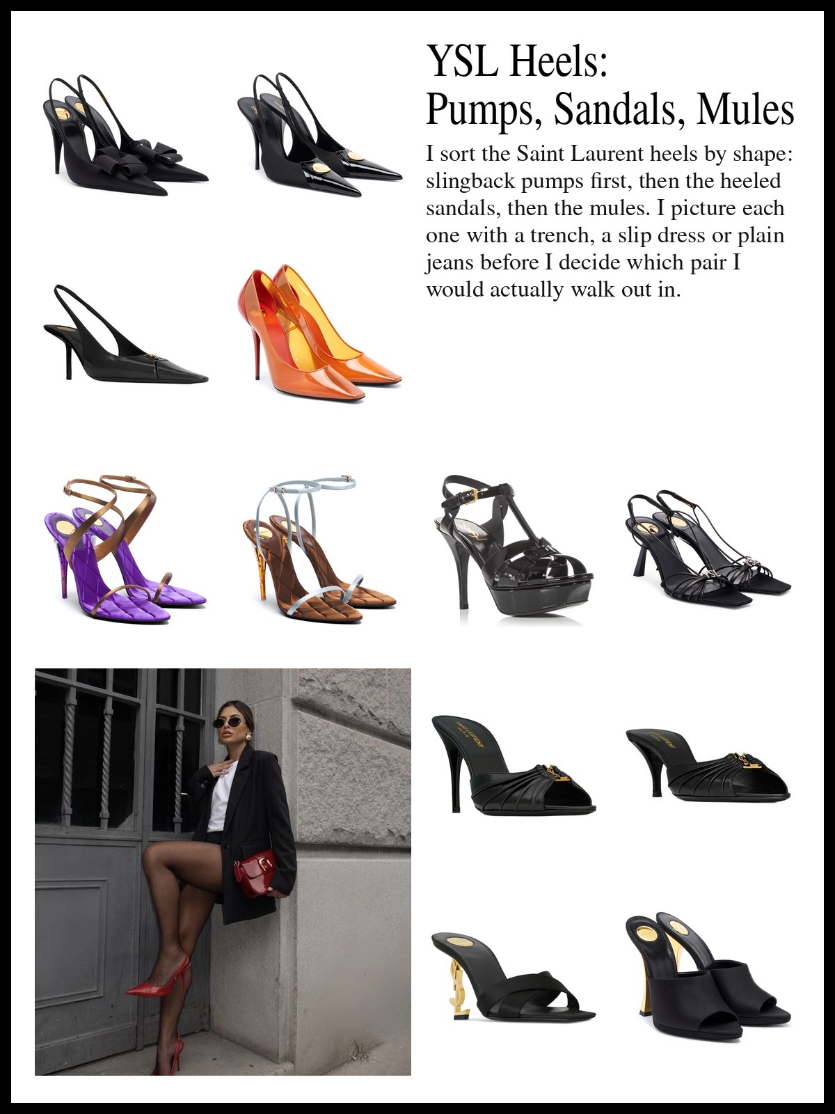 Collage of Saint Laurent slingback pumps, Saint Laurent platform and embellished heeled sandals, and Saint Laurent satin heeled mules, and a mood photo of a black blazer, sheer tights and red pointed pumps on a Paris street.