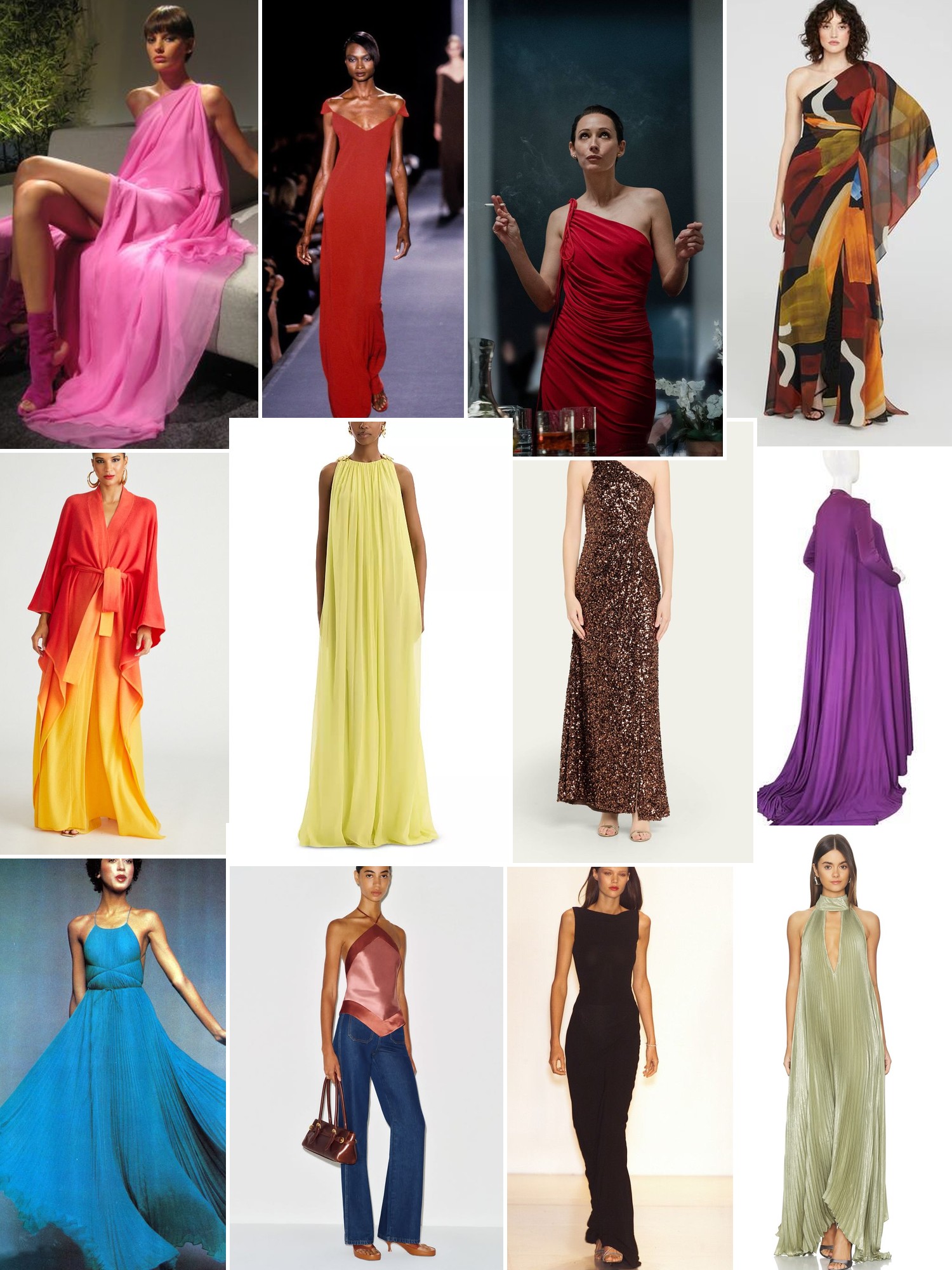 Collage of flowing gowns in jewel tones and draped silhouettes, with runway, studio and evening looks.