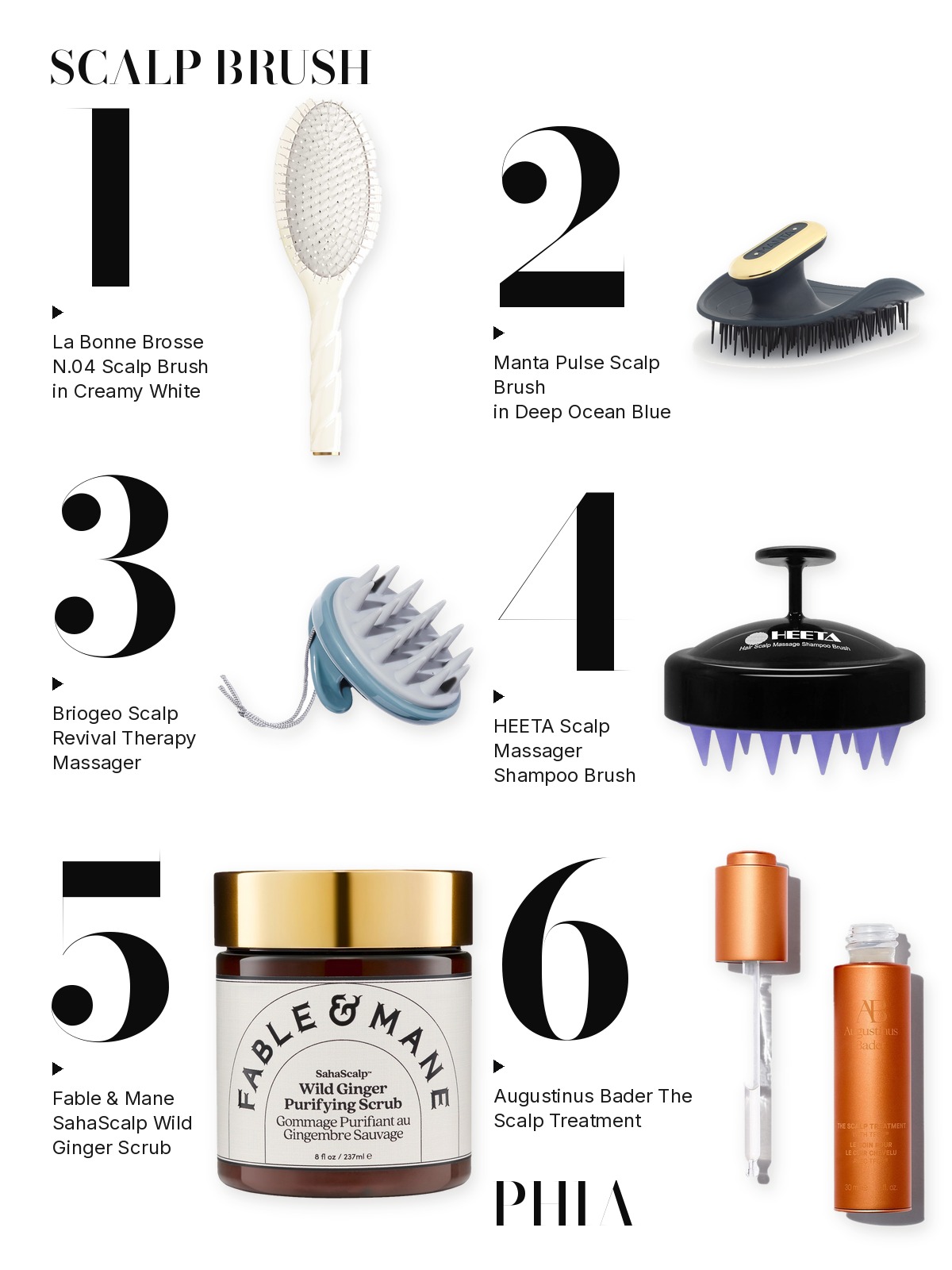 Big numbers collage titled SCALP BRUSH, six products numbered one to six with each product set beside its number: La Bonne Brosse, Manta, Briogeo, HEETA, Fable & Mane and Augustinus Bader