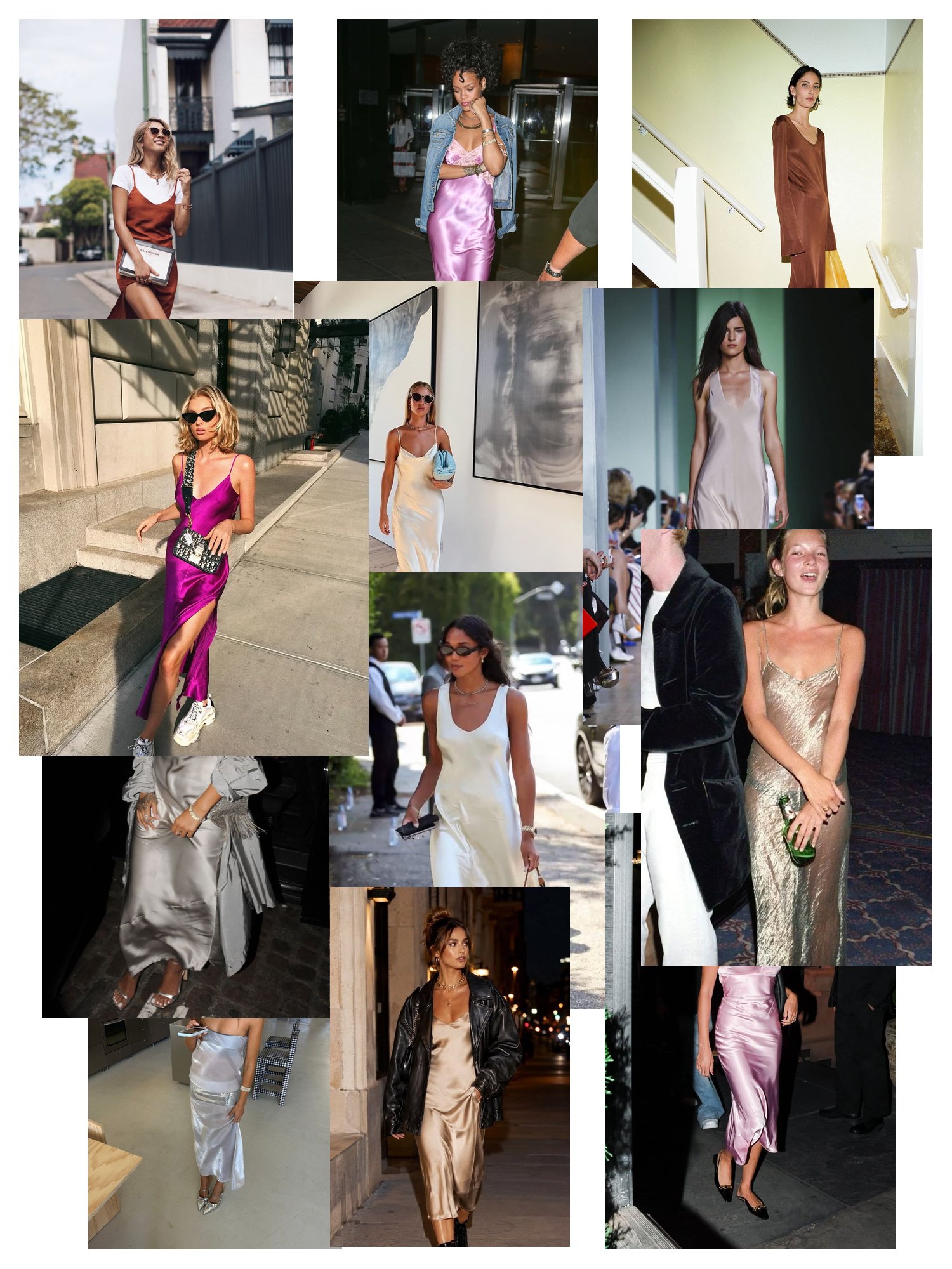 Street-style collage of 12 outfit photos featuring satin dress, scattered and overlapping