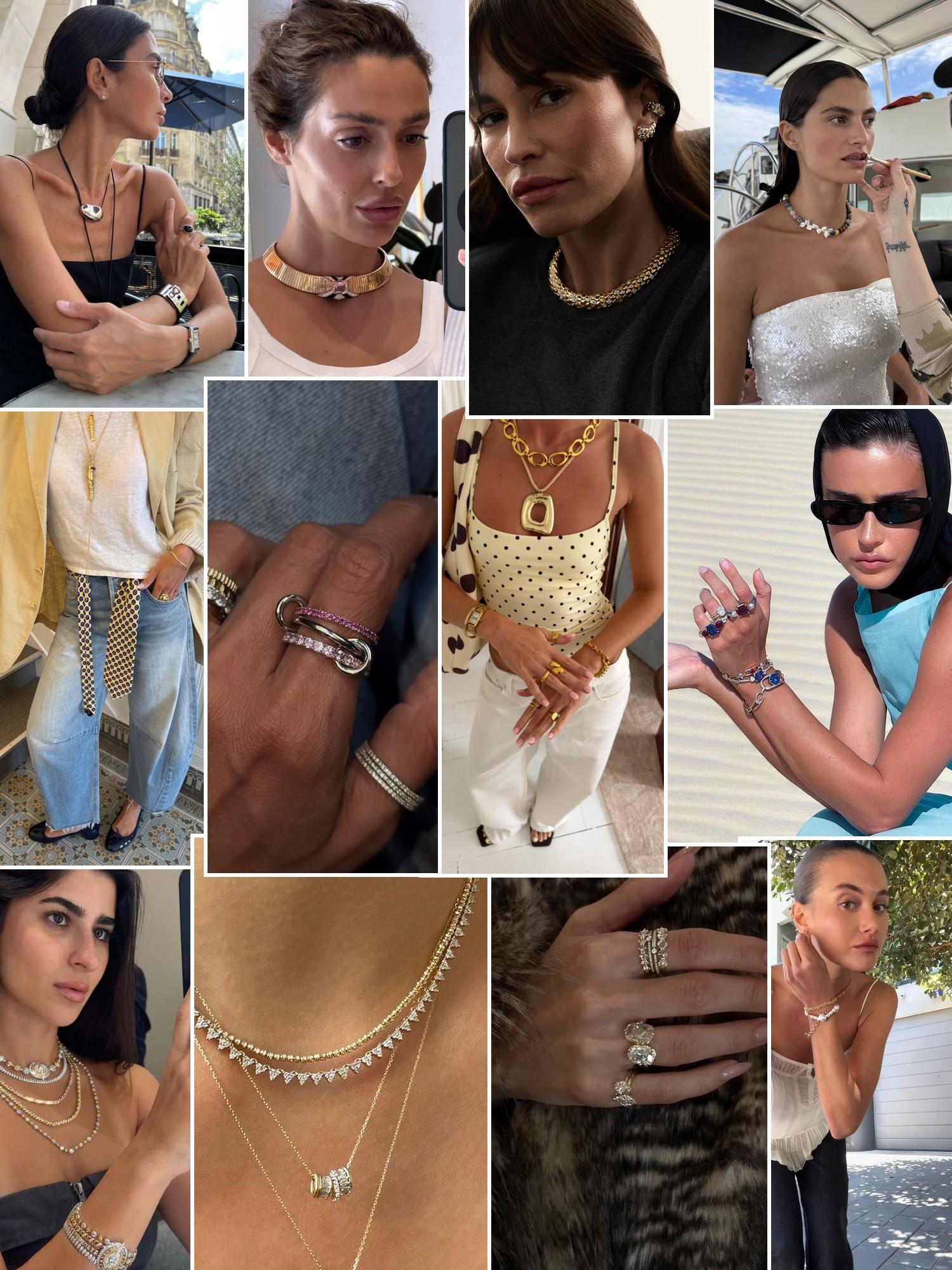 Collage of gold necklaces, rings and earrings styled on models and in close jewelry details
