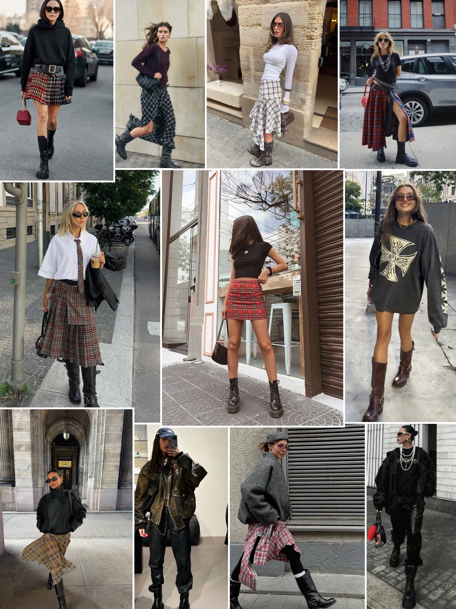 Collage of plaid skirts, combat boots and grunge layers