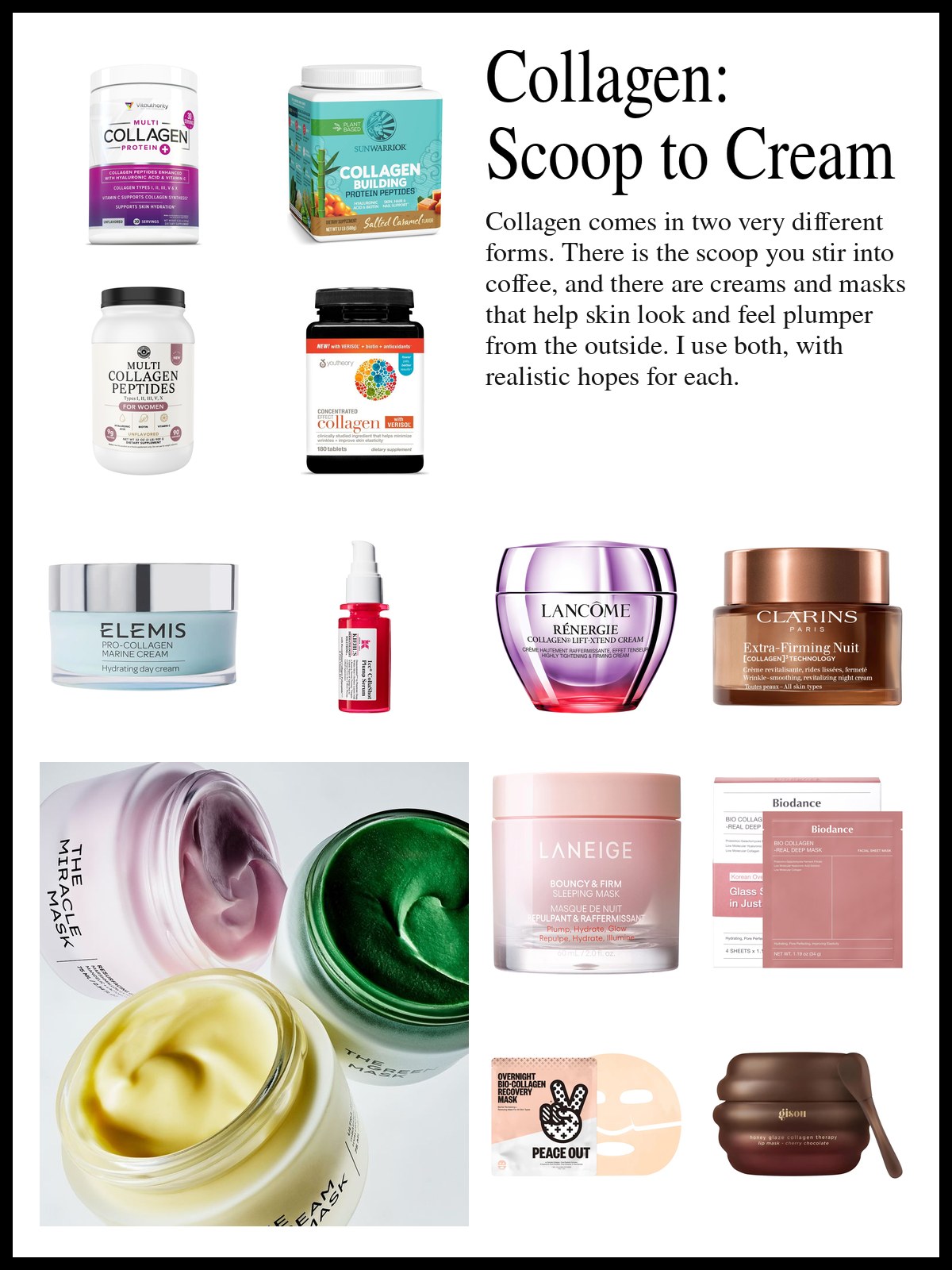 Collage of collagen powders and gummies, serums and creams, and sheet masks beside a photo of open cream jars.