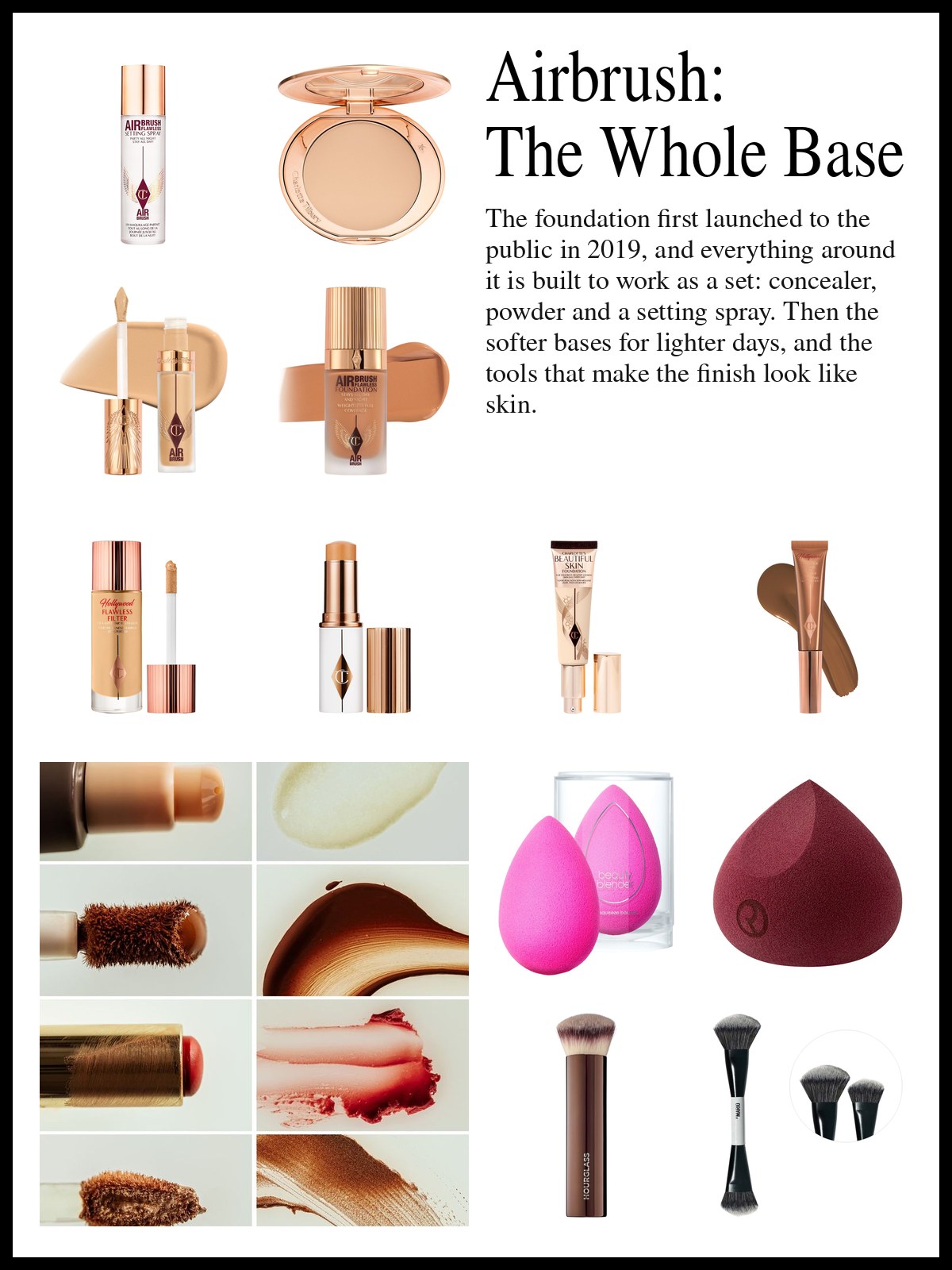 Collage of foundation, powder, concealer and blending sponges beside a grid of eight close-ups showing product tips, brushes and smears of cream, chocolate brown, red and bronze.