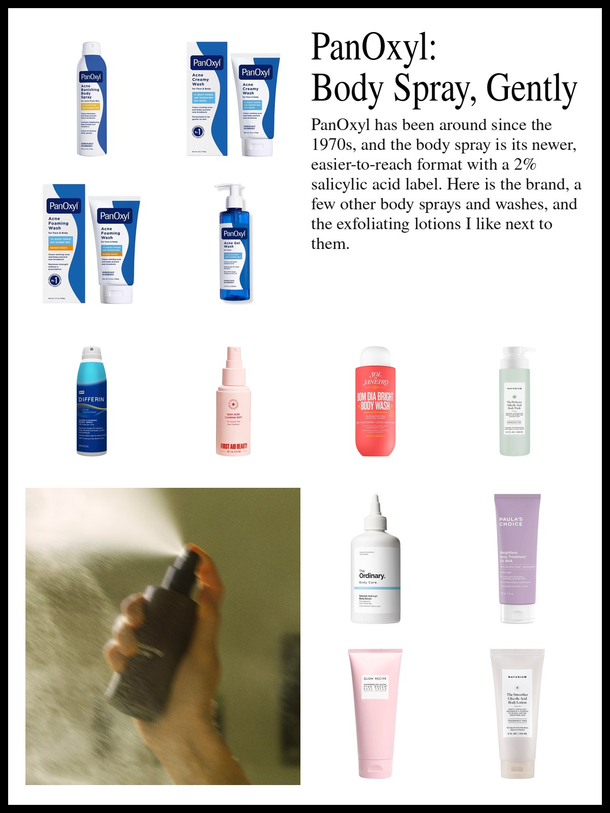 Collage of a salicylic acid body spray, creamy and foaming washes, other body sprays and washes, a body serum and exfoliating lotions, and a mood photo of a hand misting a body spray.