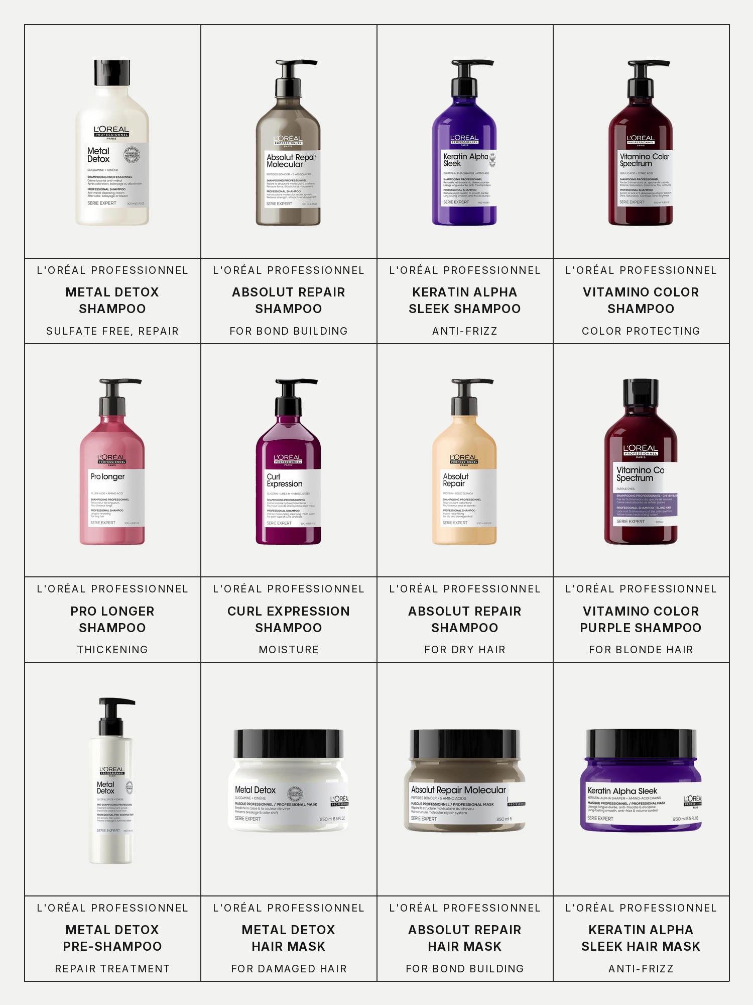 Twelve boxes on a pale grey page, one for each product in this edit, each with its brand and name printed below: L'Oréal Professionnel Metal Detox Sulfate Free Repair Shampoo for Dry, Damaged Hair, L'Oréal Professionnel Absolut Repair Molecular Shampoo for Bond Building, L'Oréal Professionnel Keratin Alpha Sleek Anti-Frizz Shampoo for Smooth Hair, L'Oréal Professionnel Vitamino Color Spectrum Color Protecting Shine Shampoo, L'Oréal Professionnel Pro Longer Hair Thickening Shampoo for Split Ends, L'Oréal Professionnel Curl Expression Moisture Shampoo, L'Oréal Professionnel Absolut Repair Shampoo for Dry Hair, L'Oréal Professionnel Vitamino Color Spectrum Purple Shampoo For Blonde Hair, L'Oréal Professionnel Metal Detox Repair Pre-Shampoo Treatment for Dry, Damaged Hair, L'Oréal Professionnel Metal Detox Repair Hair Mask for Dry, Damaged Hair, L'Oréal Professionnel Absolut Repair Molecular Hair Mask for Bond Building and L'Oréal Professionnel Keratin Alpha Sleek Anti-Frizz Hair Mask for Smooth Hair.